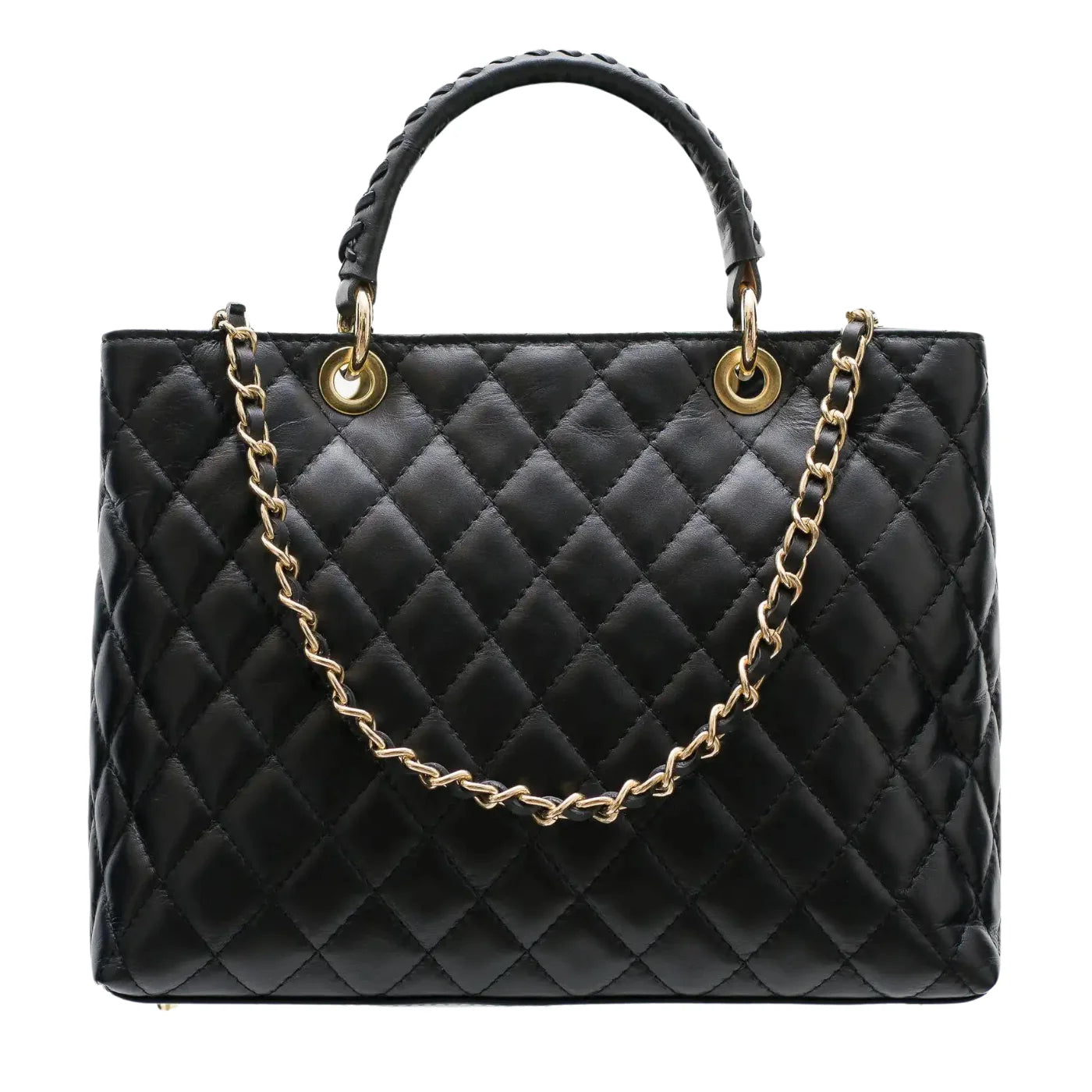 Modarno Borsa con manico intrecciato in Vera Pelle "Trapuntata" a Mano e a Spalla 33x14x24 cm