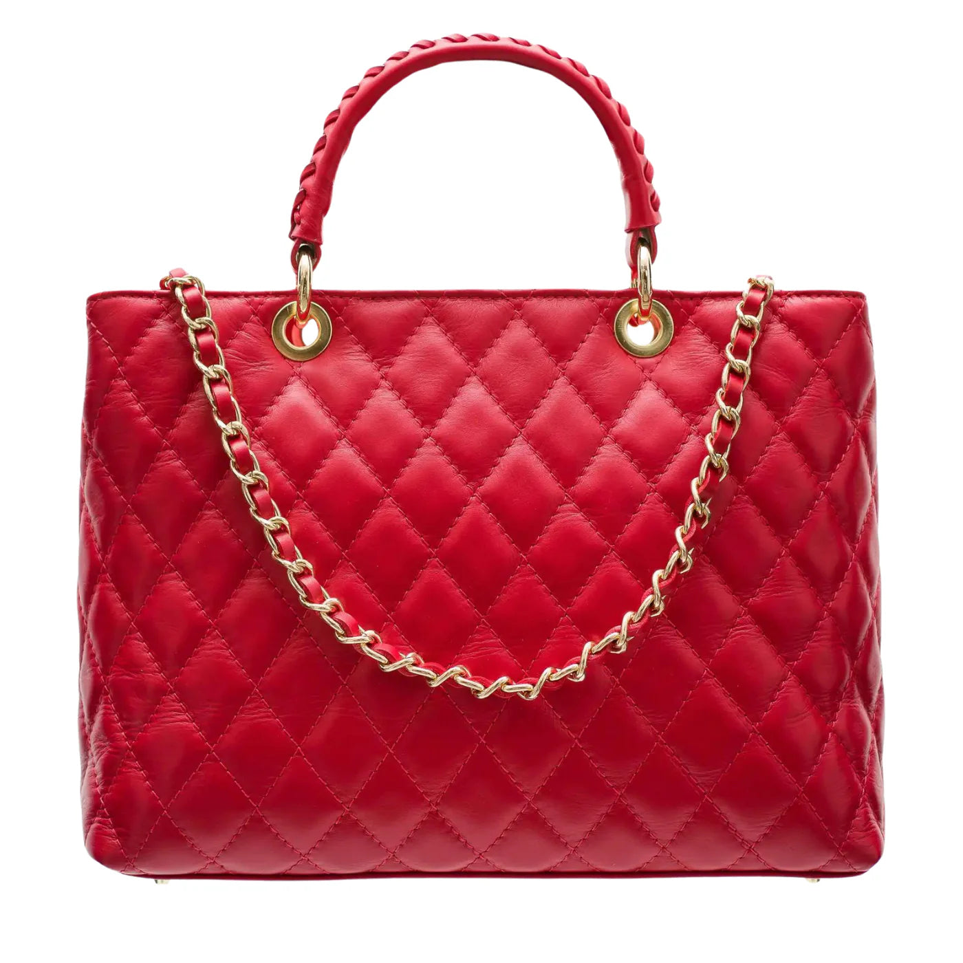 Modarno Borsa con manico intrecciato in Vera Pelle "Trapuntata" a Mano e a Spalla 33x14x24 cm