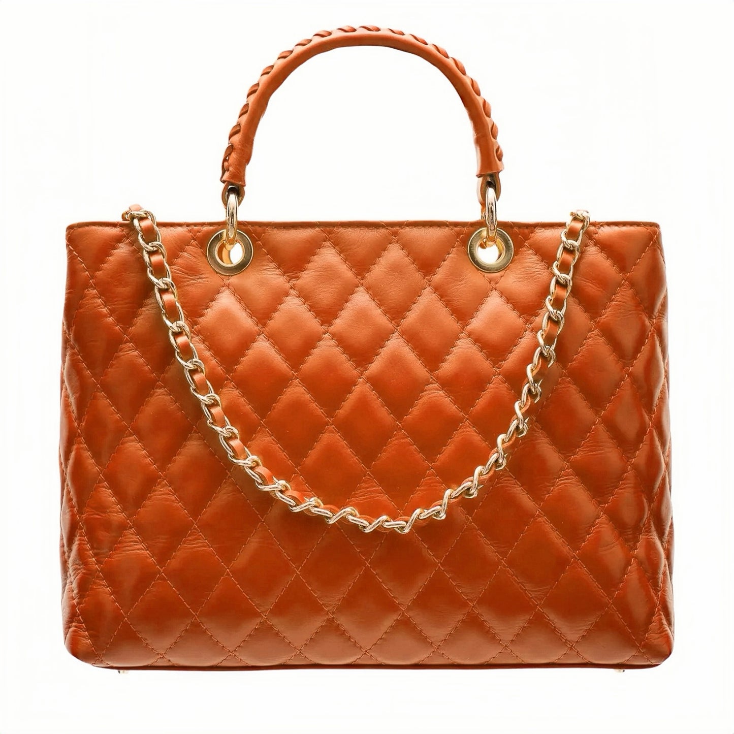 Modarno Borsa con manico intrecciato in Vera Pelle "Trapuntata" a Mano e a Spalla 33x14x24 cm