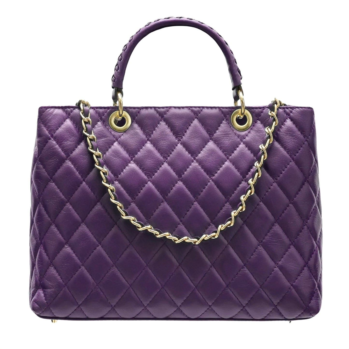 Modarno Borsa con manico intrecciato in Vera Pelle "Trapuntata" a Mano e a Spalla 33x14x24 cm