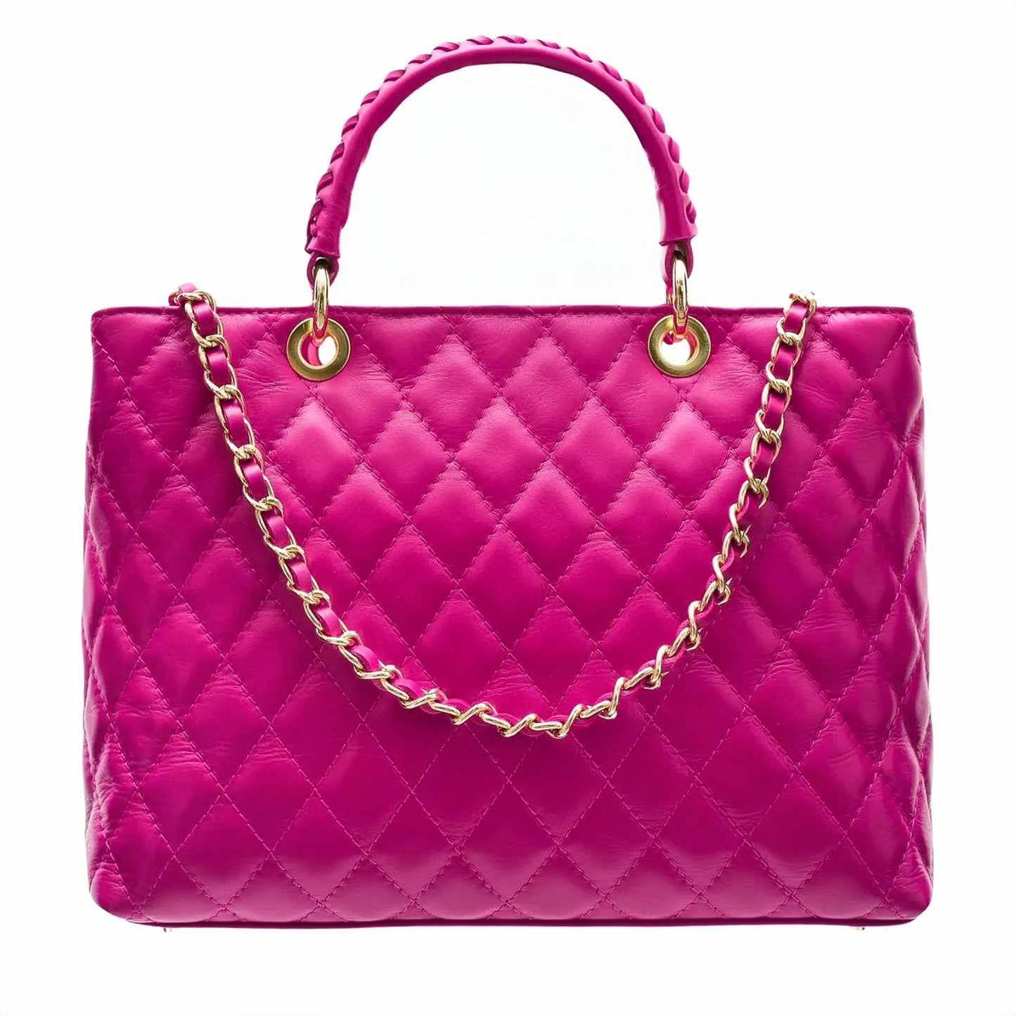 Modarno Borsa con manico intrecciato in Vera Pelle "Trapuntata" a Mano e a Spalla 33x14x24 cm