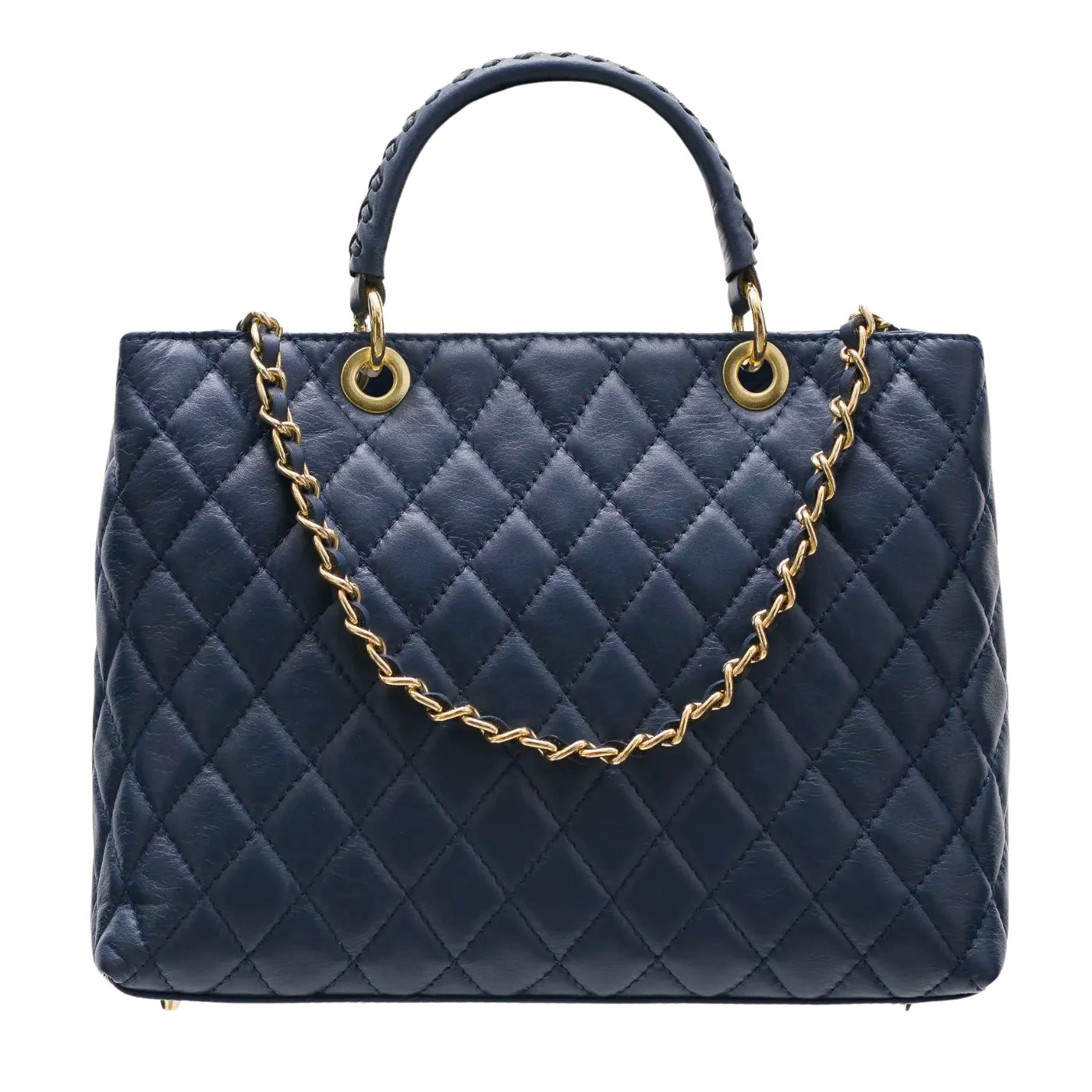 Modarno Borsa con manico intrecciato in Vera Pelle "Trapuntata" a Mano e a Spalla 33x14x24 cm