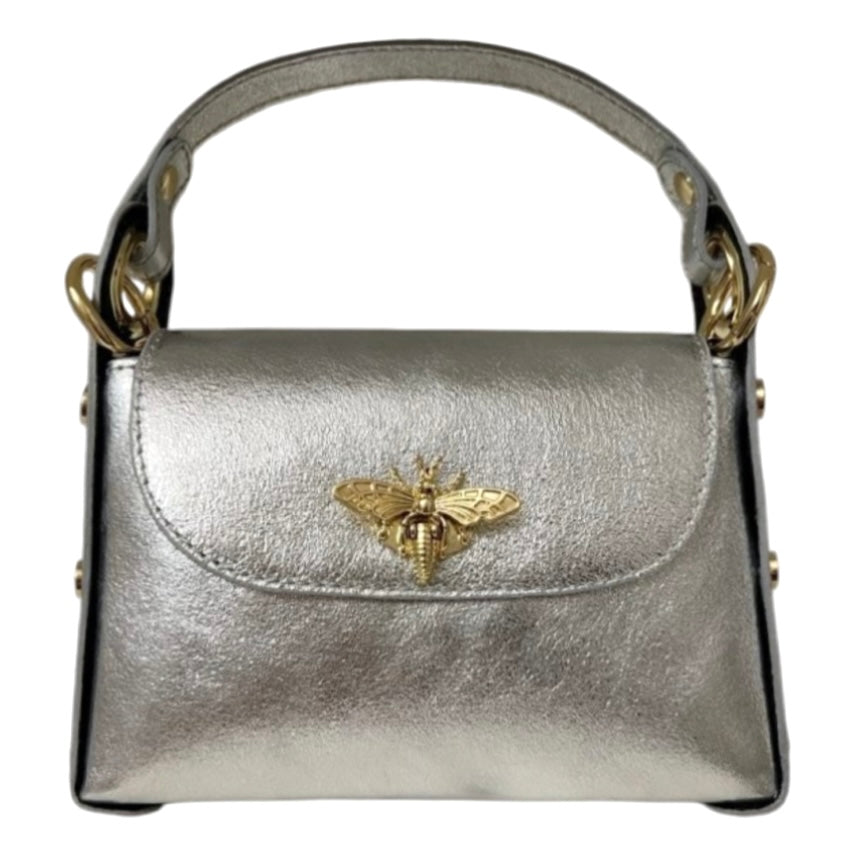 Modarno mini borsa in Vera pelle dollaro con chiusura a moschettone a forma di ape, borchie laterali, catena metallica rimovibile, manico in pelle