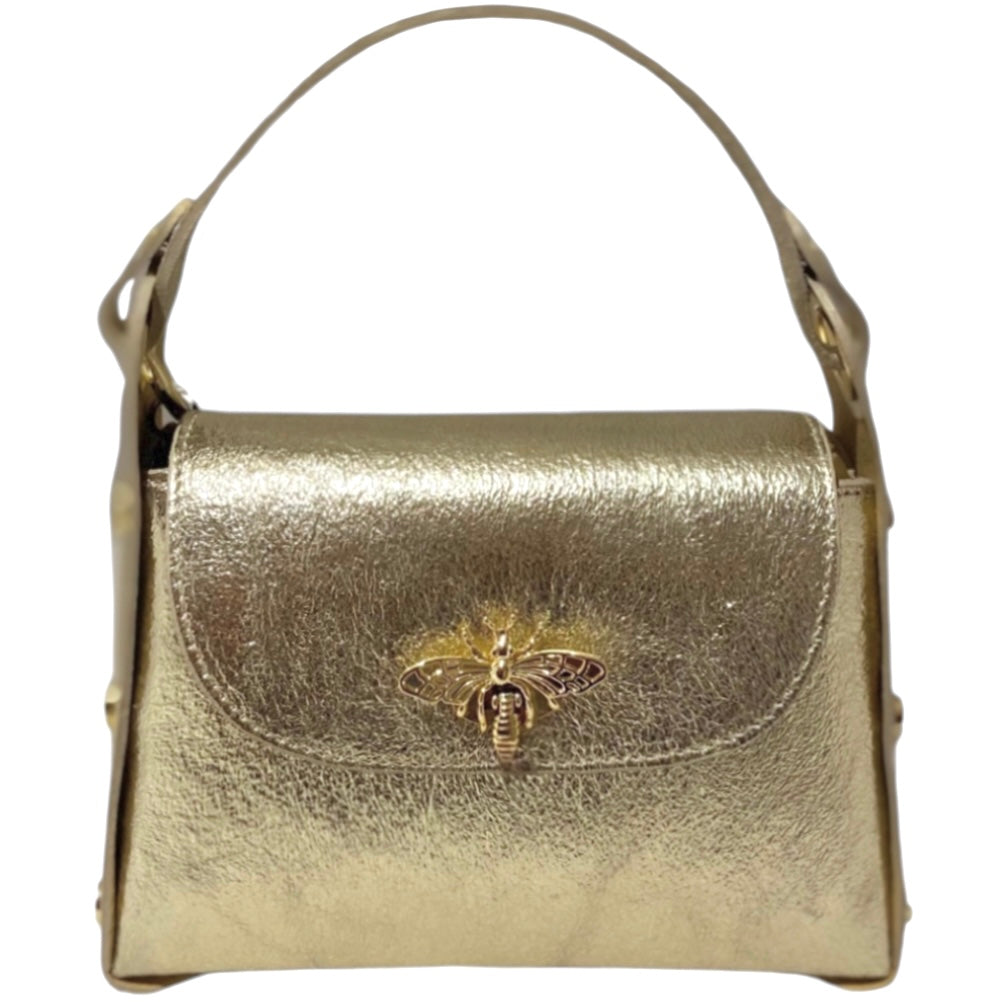 Modarno mini borsa in Vera pelle dollaro con chiusura a moschettone a forma di ape, borchie laterali, catena metallica rimovibile, manico in pelle