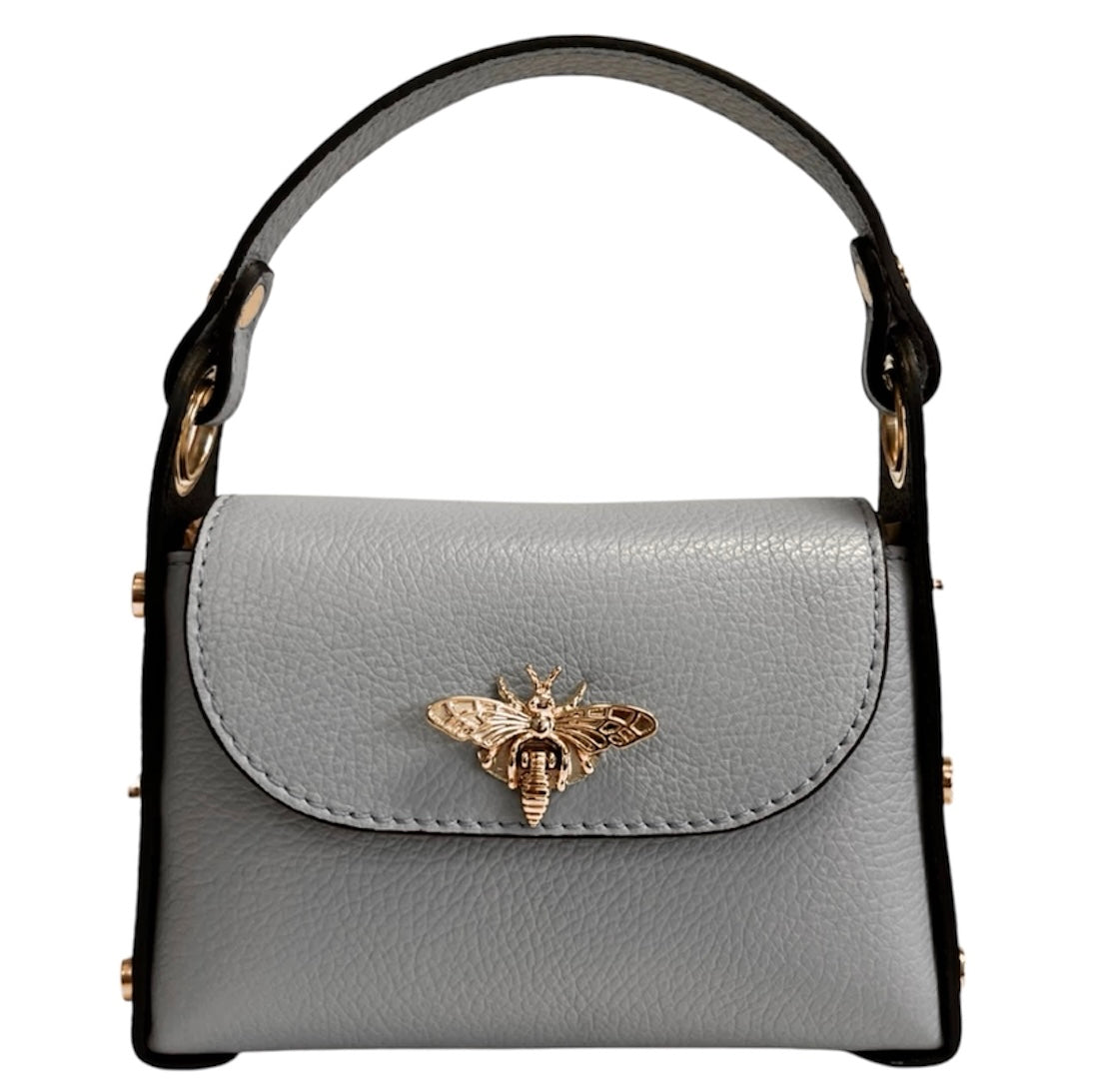Modarno mini borsa in Vera pelle dollaro con chiusura a moschettone a forma di ape, borchie laterali, catena metallica rimovibile, manico in pelle