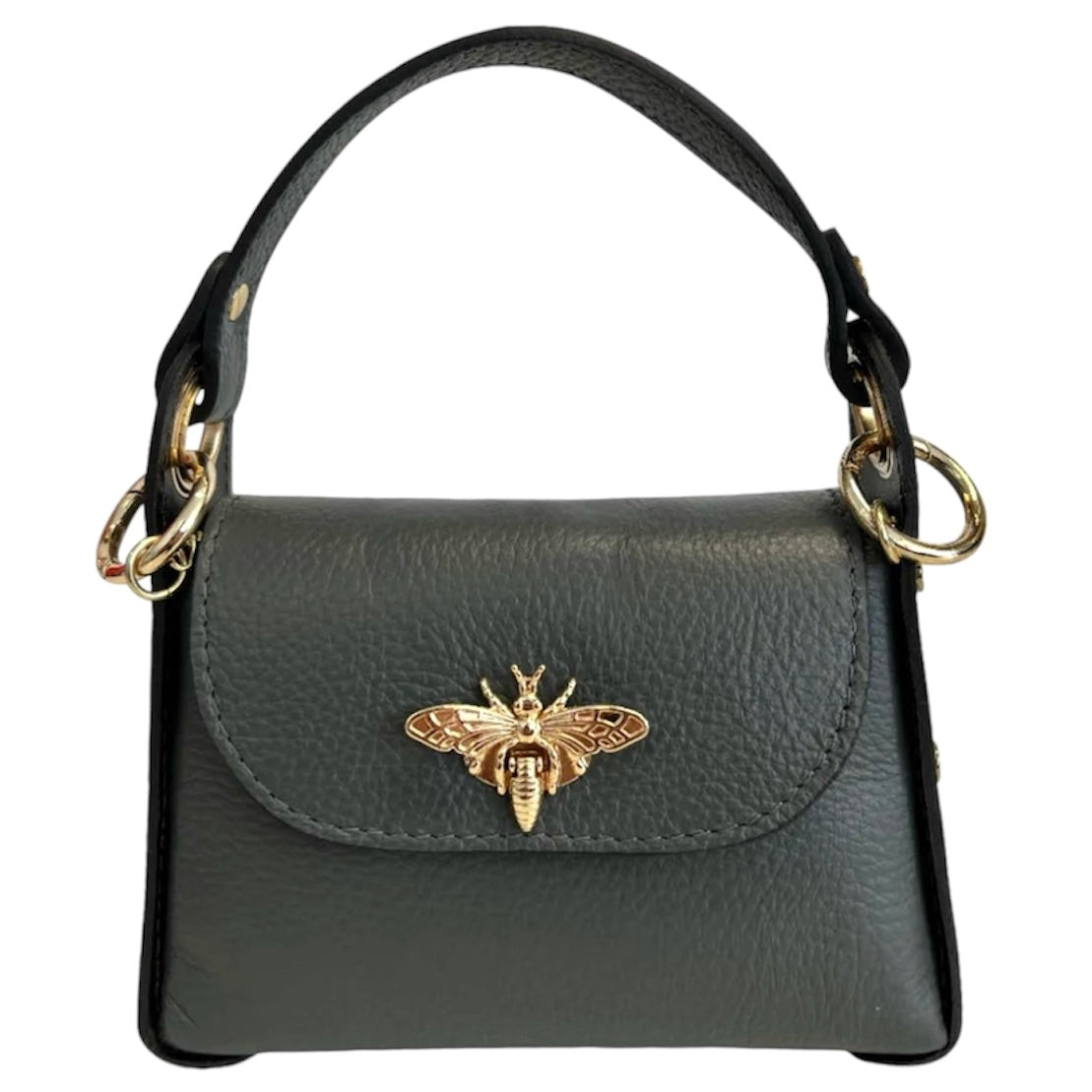 Modarno mini borsa in Vera pelle dollaro con chiusura a moschettone a forma di ape, borchie laterali, catena metallica rimovibile, manico in pelle