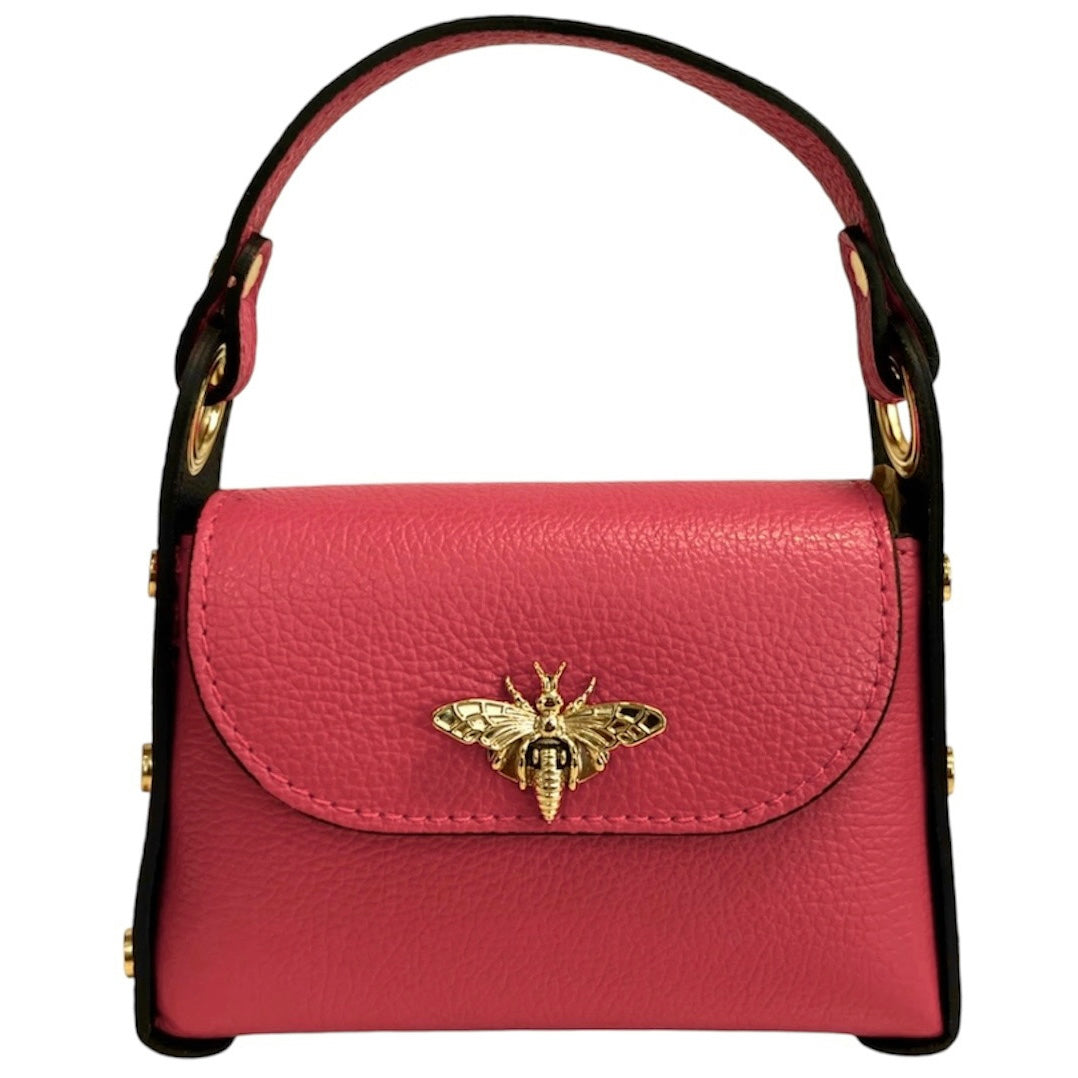 Modarno mini borsa in Vera pelle dollaro con chiusura a moschettone a forma di ape, borchie laterali, catena metallica rimovibile, manico in pelle