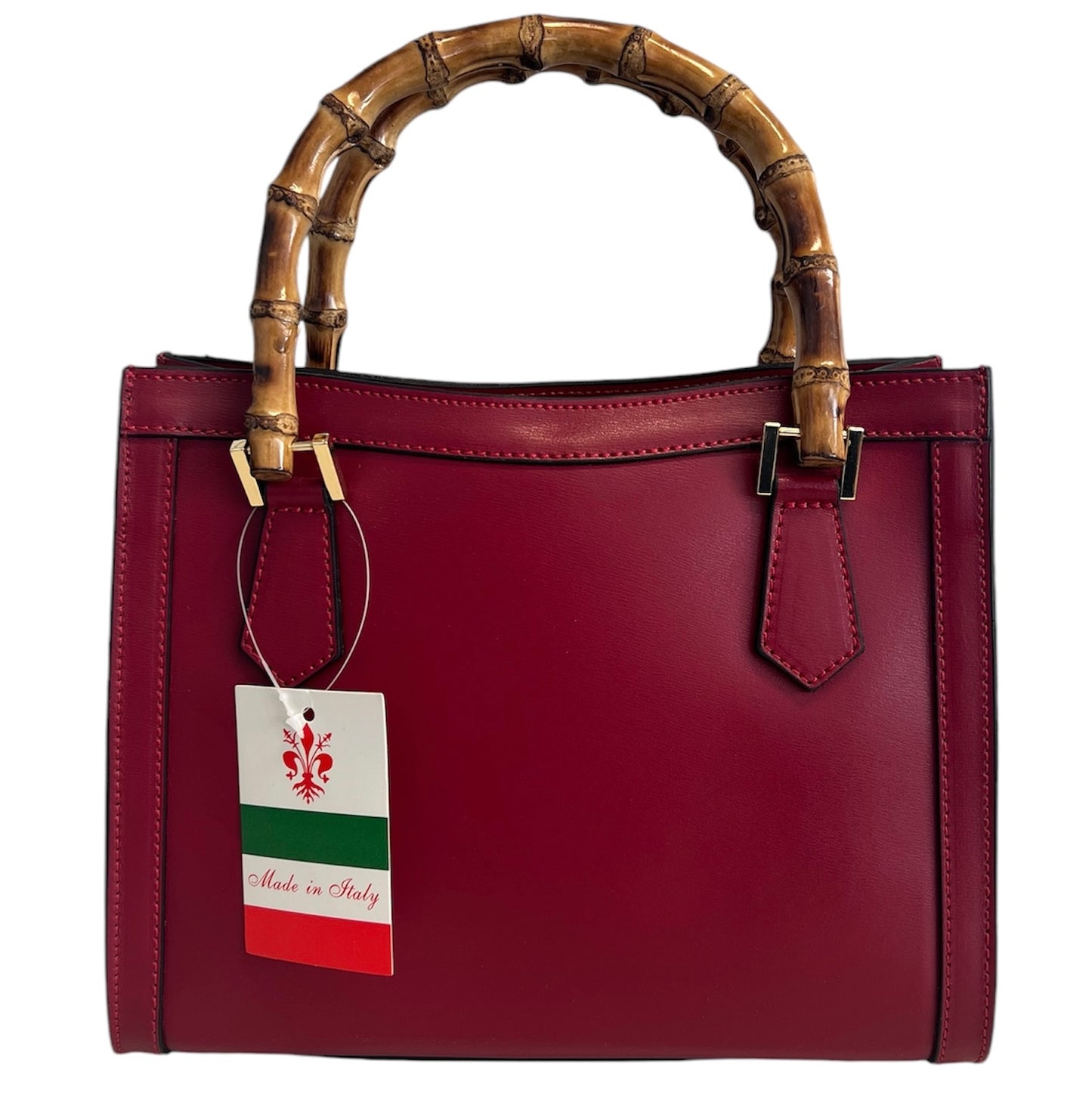 Modarno Borsa in pelle con manico in bambù, Borsa a mano Made in Italy, Borsa a tracolla, Borsa per tutti i giorni