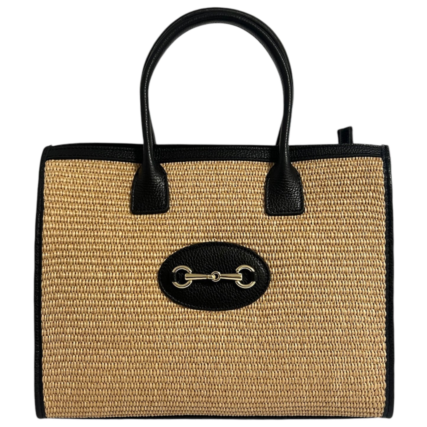 Modarno Borsa Shopper con tracolla in vera pelle e rafia Made in Italy 27x12x22 cm