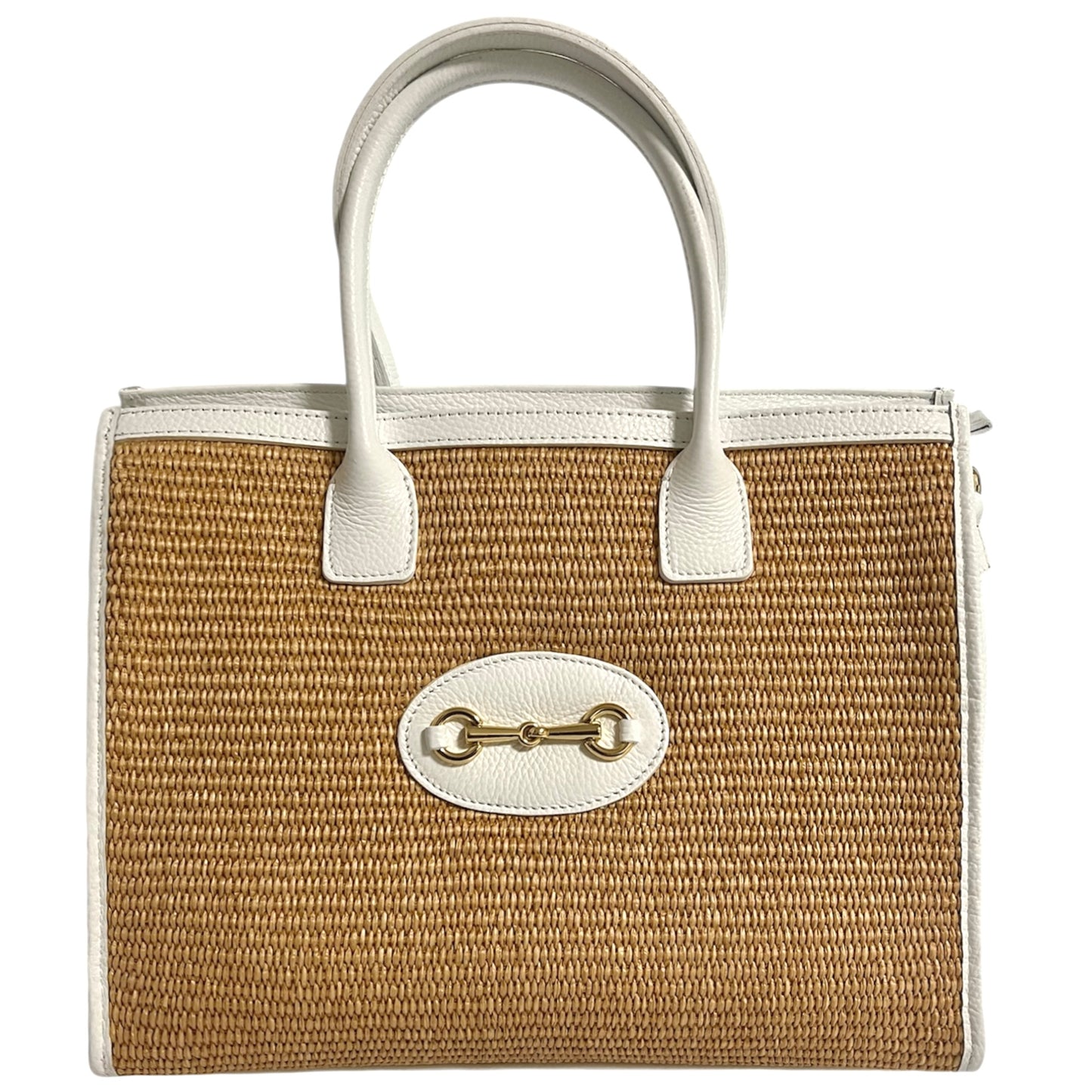 Modarno Borsa Shopper con tracolla in vera pelle e rafia Made in Italy 27x12x22 cm