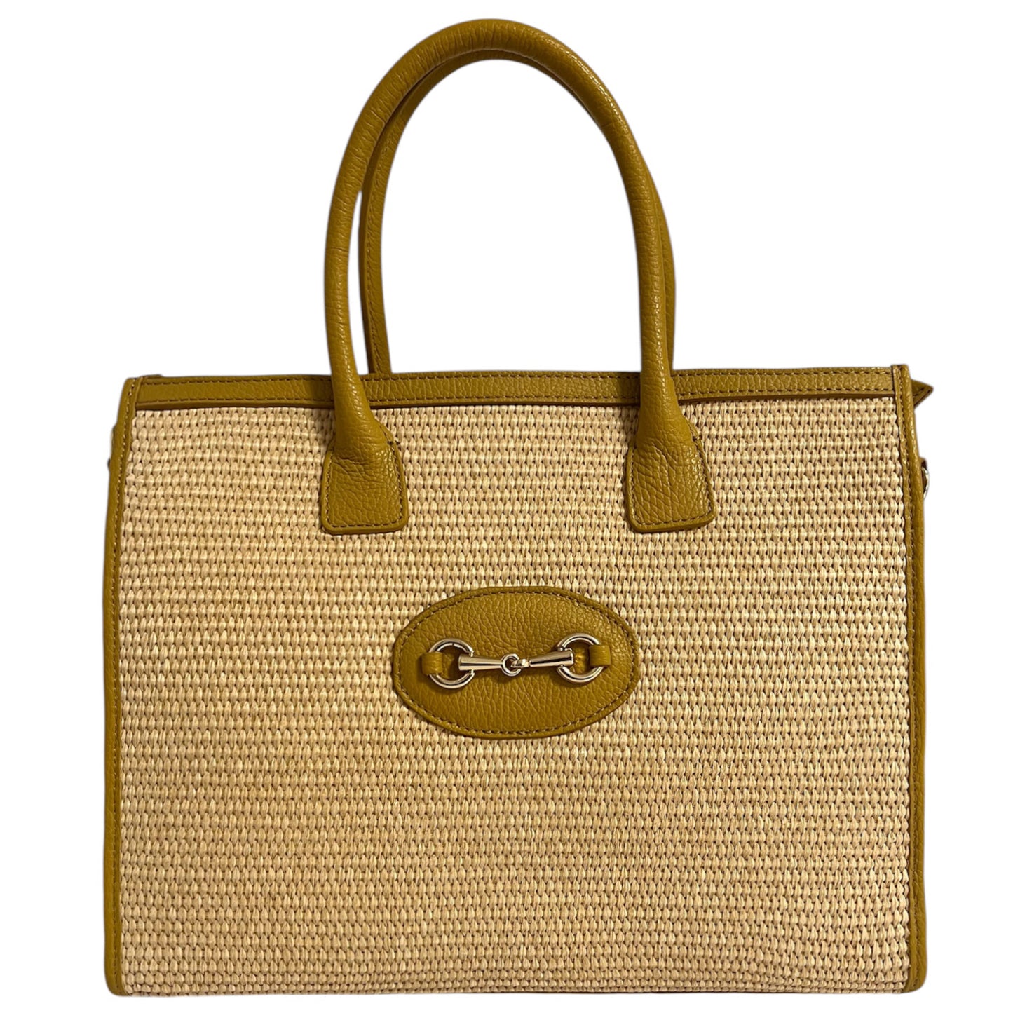 Modarno Borsa Shopper con tracolla in vera pelle e rafia Made in Italy 27x12x22 cm