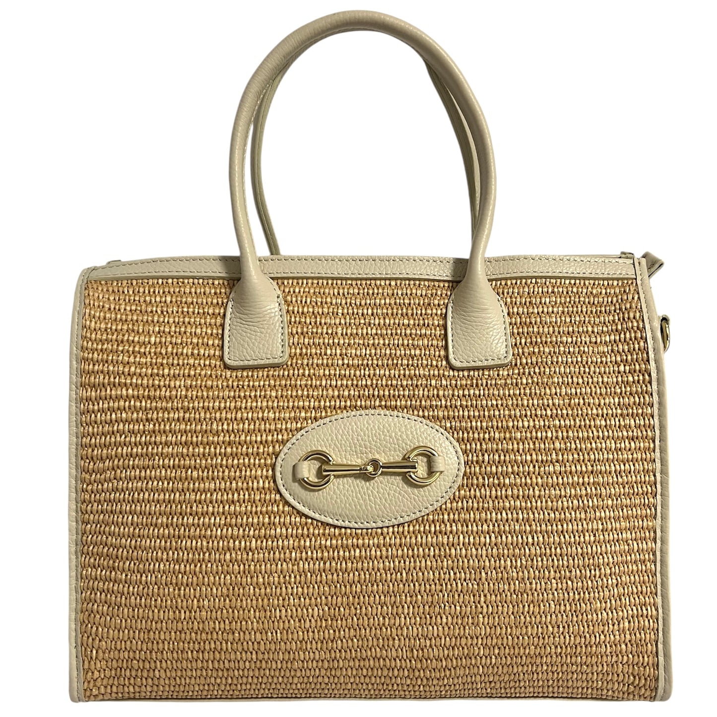 Modarno Borsa Shopper con tracolla in vera pelle e rafia Made in Italy 27x12x22 cm