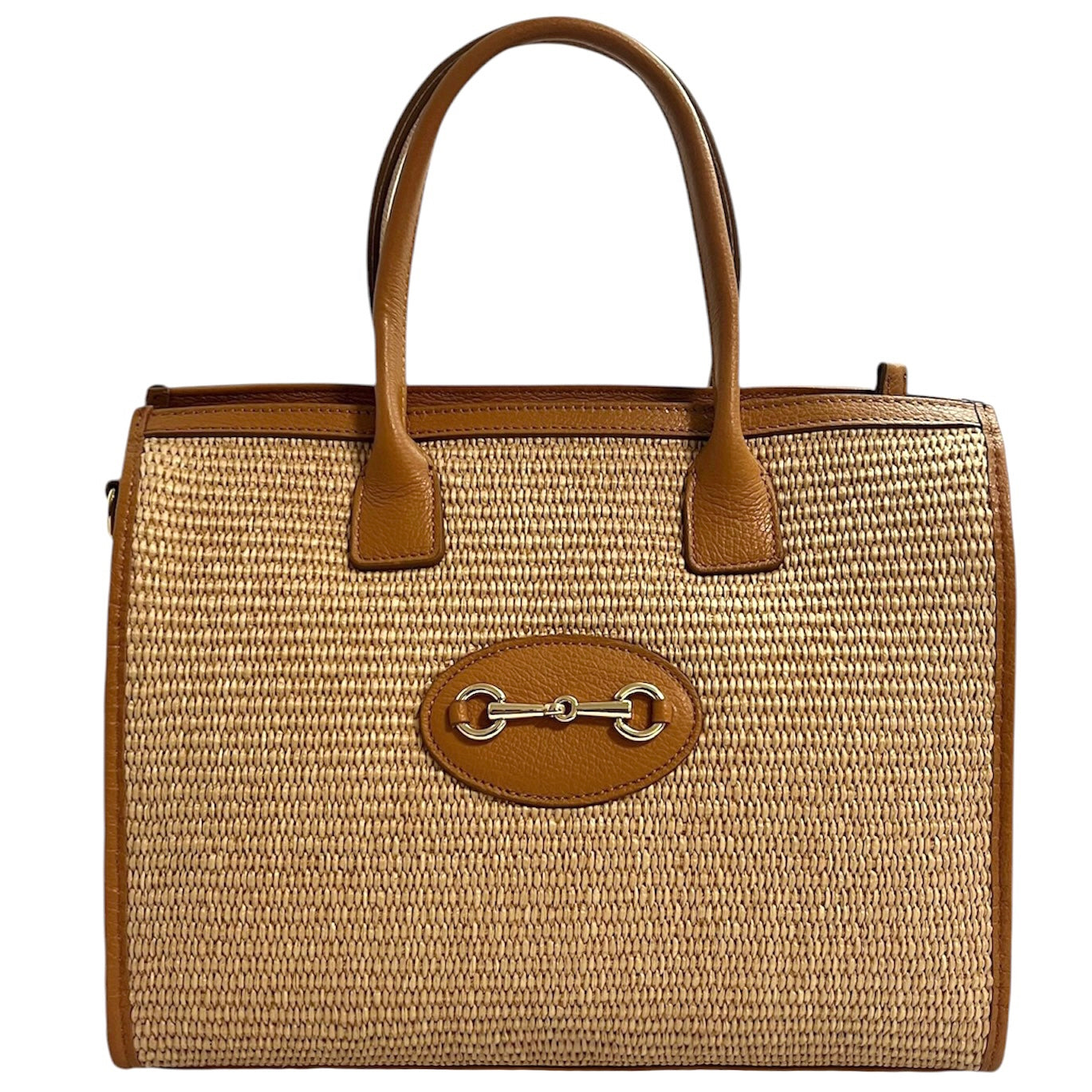 Modarno Borsa Shopper con tracolla in vera pelle e rafia Made in Italy 27x12x22 cm