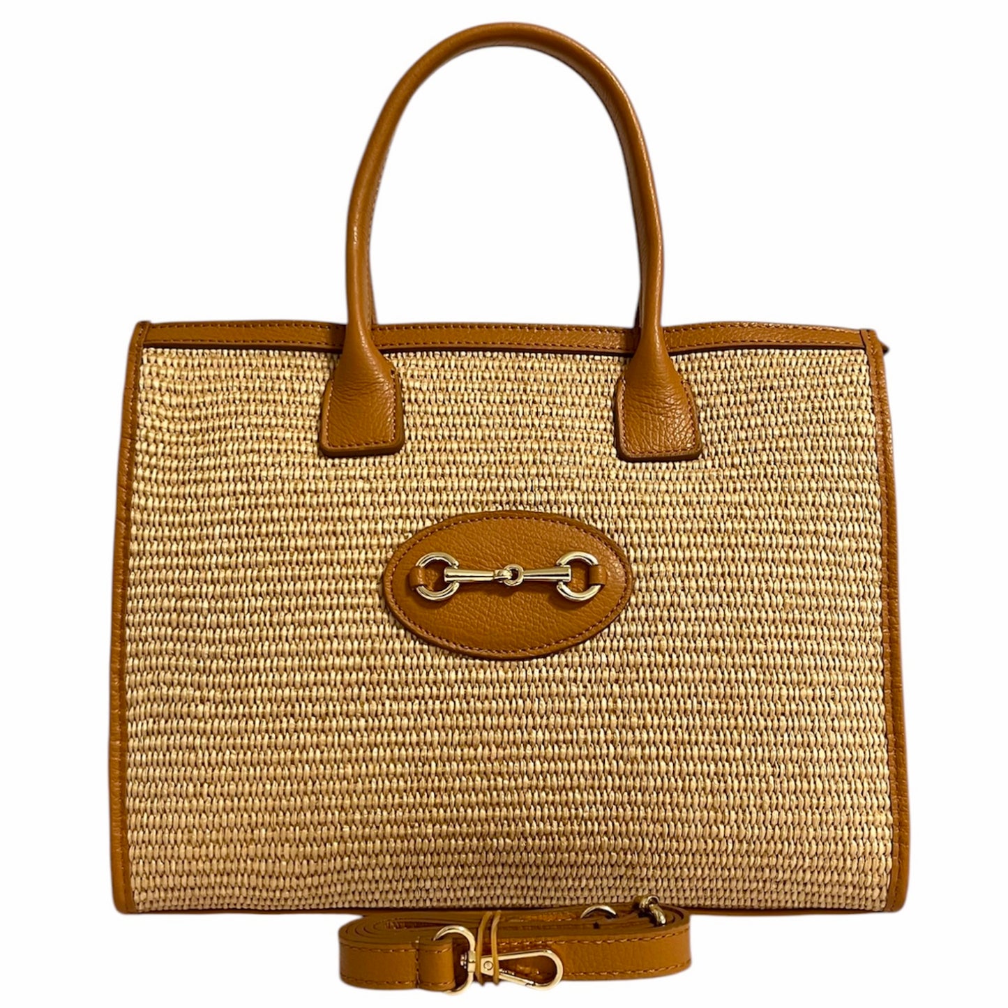 Modarno Borsa Shopper con tracolla in vera pelle e rafia Made in Italy 27x12x22 cm