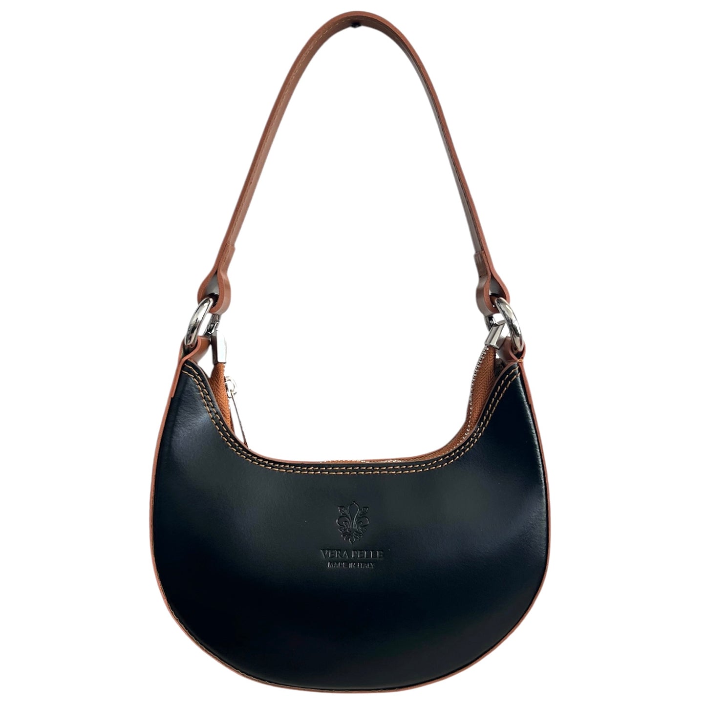 Modarno Borsetta Donna a mano con manico removibile Bicolore in Vera Pelle di Vacchetta 21x5x12 cm