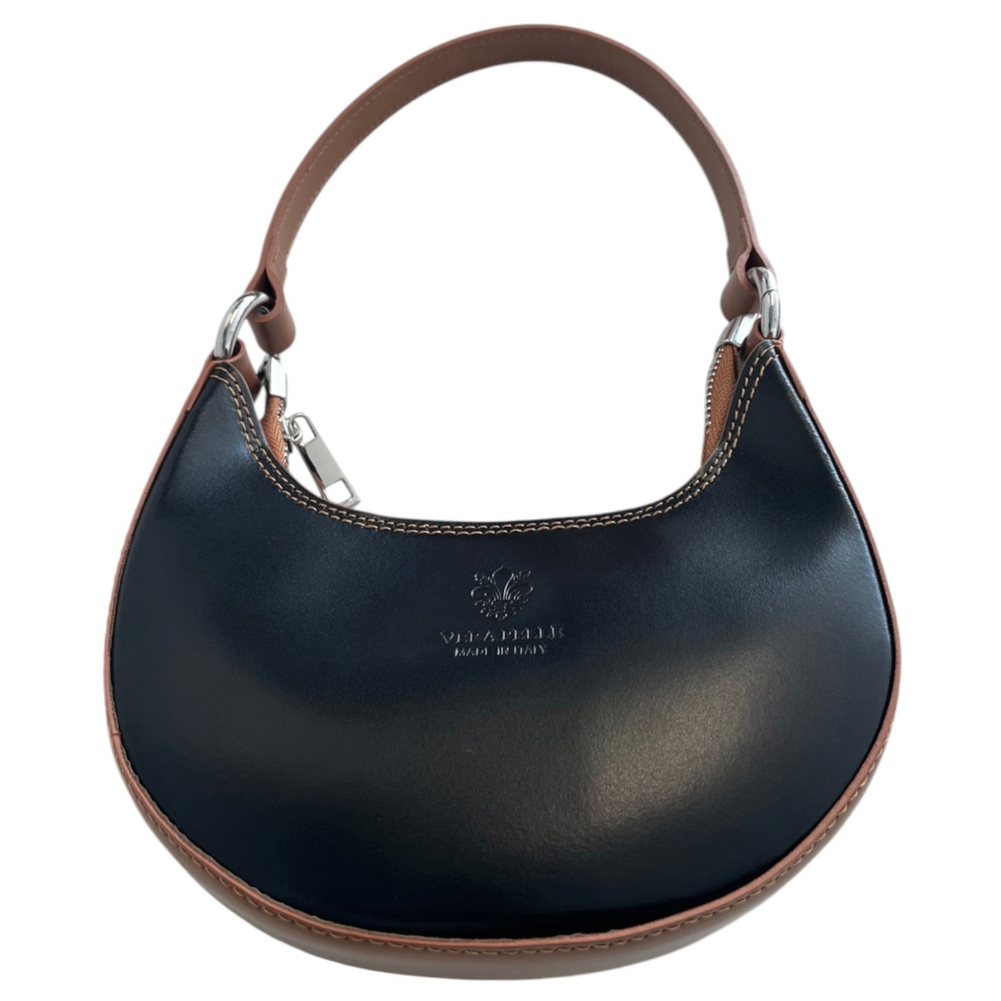 Modarno Borsetta Donna a mano con manico removibile Bicolore in Vera Pelle di Vacchetta 21x5x12 cm