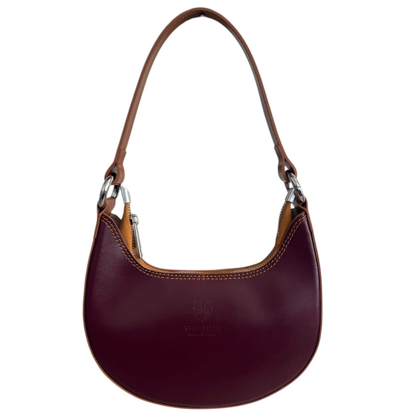 Modarno Borsetta Donna a mano con manico removibile Bicolore in Vera Pelle di Vacchetta 21x5x12 cm