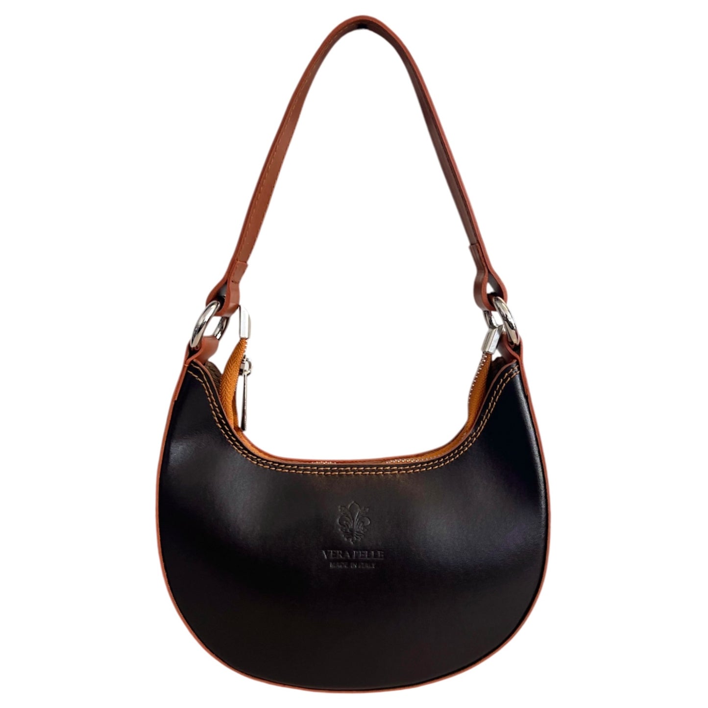 Modarno Borsetta Donna a mano con manico removibile Bicolore in Vera Pelle di Vacchetta 21x5x12 cm