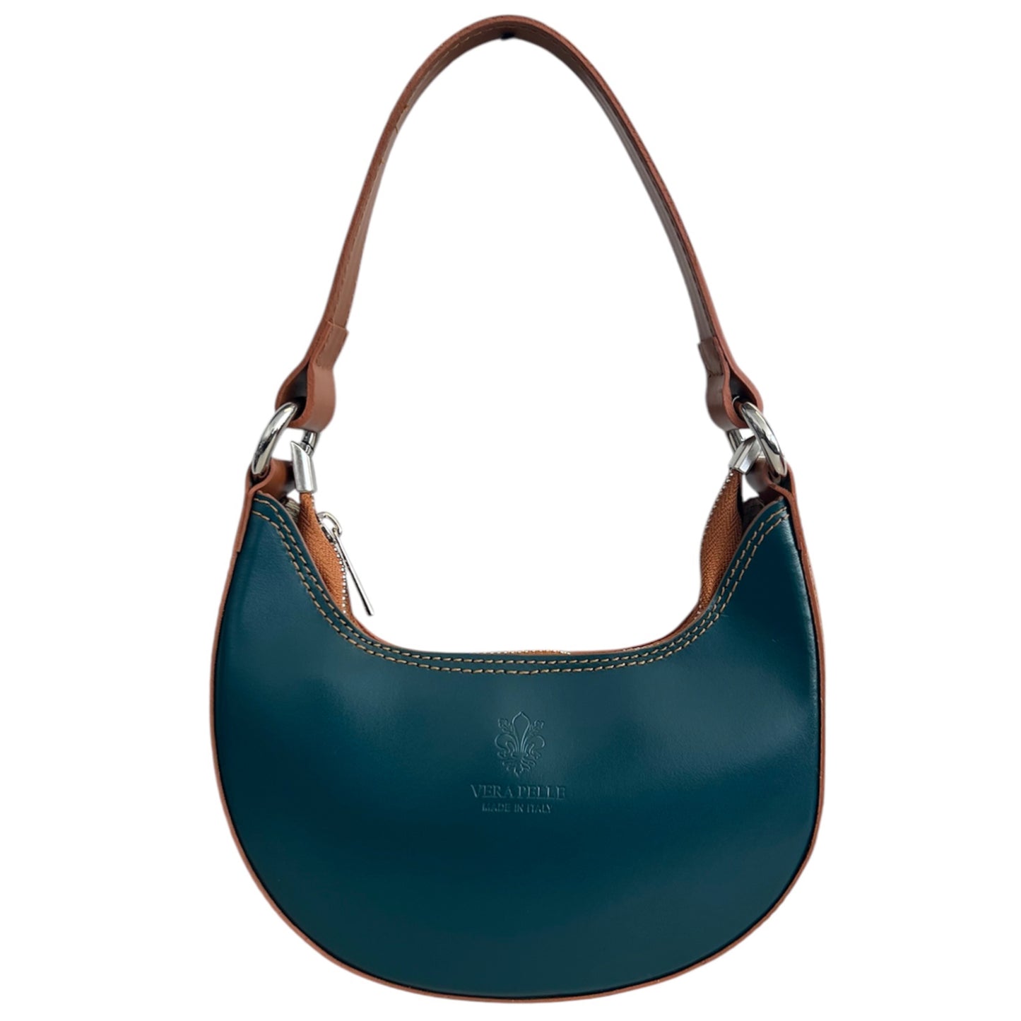 Modarno Borsetta Donna a mano con manico removibile Bicolore in Vera Pelle di Vacchetta 21x5x12 cm