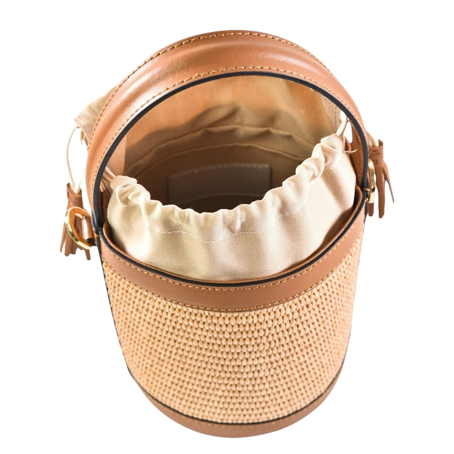 Modarno Borsa Secchiello in Vera Pelle spazzolata e rafia 18x13x16 cm