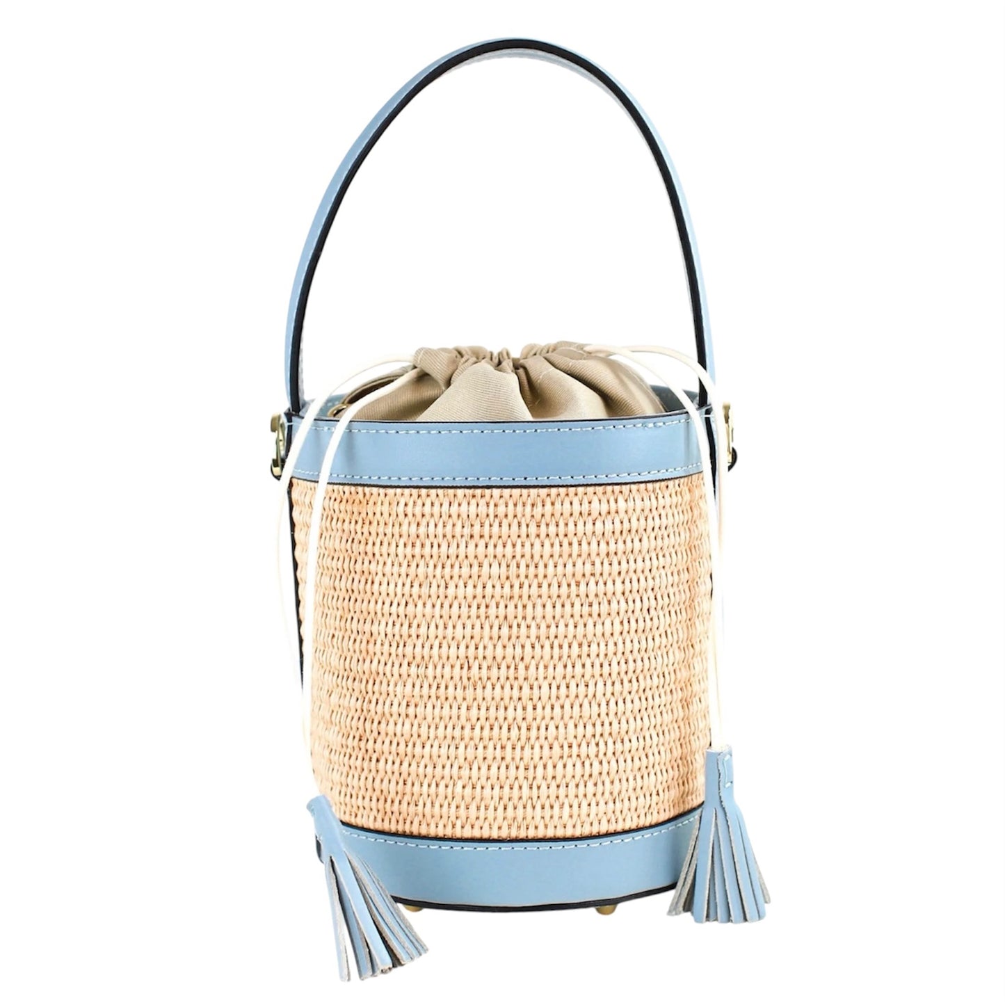 Modarno Borsa Secchiello in Vera Pelle spazzolata e rafia 18x13x16 cm