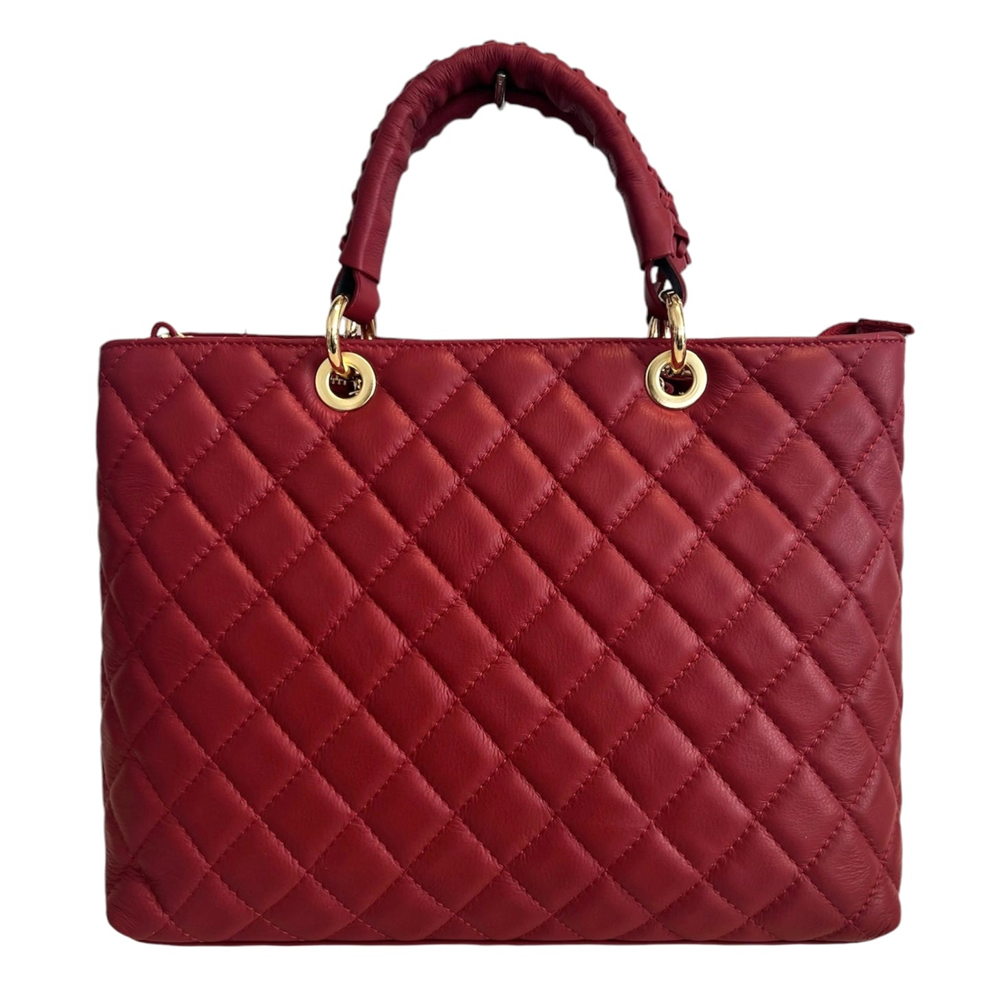Modarno Borsa con manico intrecciato in Vera Pelle "Trapuntata" a Mano e a Spalla 33x14x24 cm