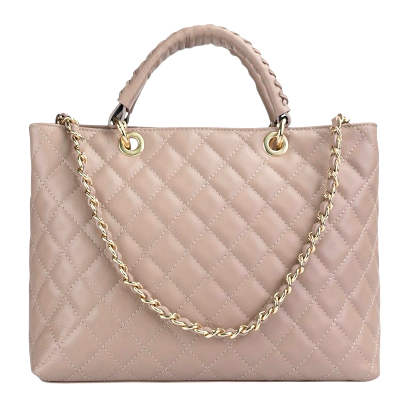 Modarno Borsa con manico intrecciato in Vera Pelle "Trapuntata" a Mano e a Spalla 33x14x24 cm