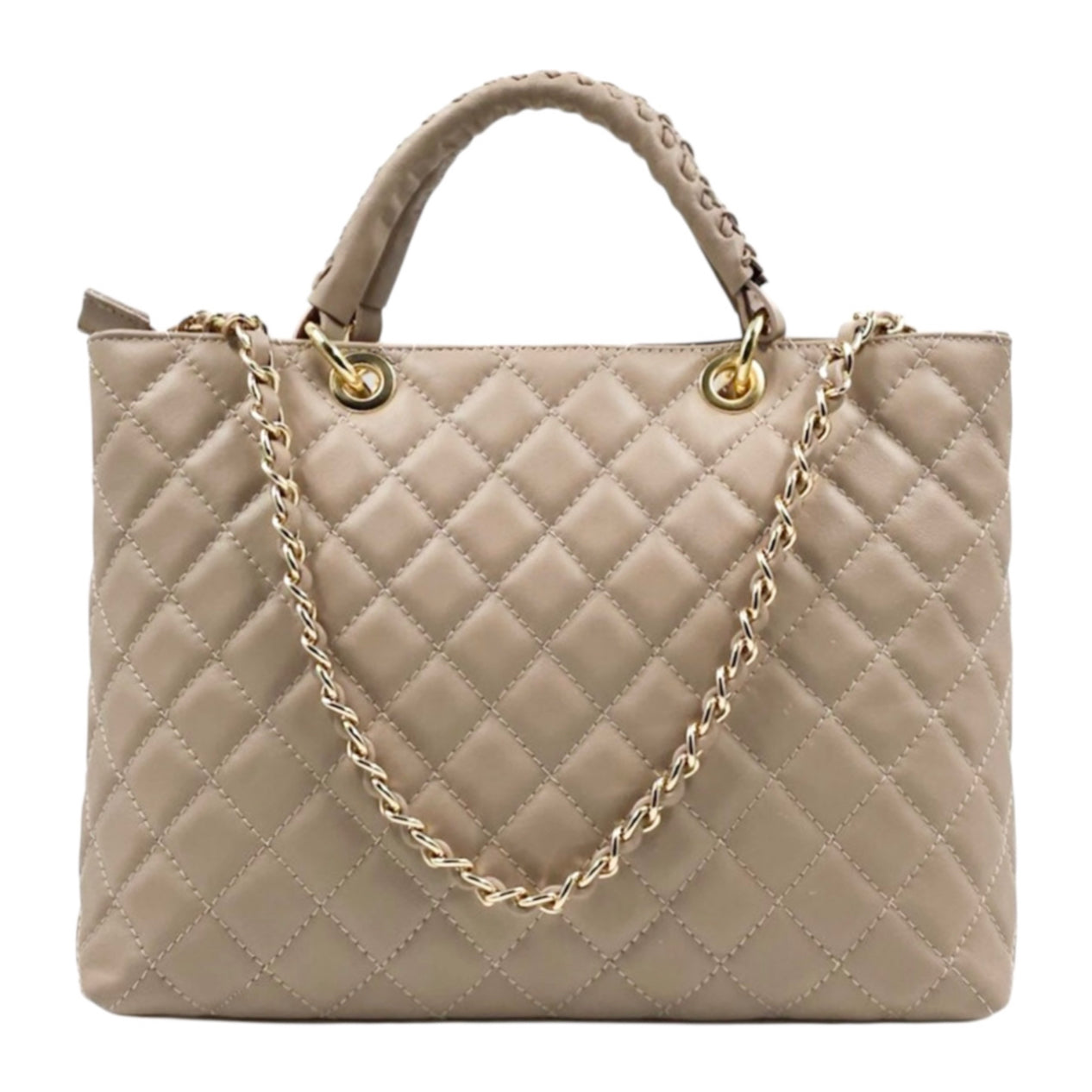 Modarno Borsa con manico intrecciato in Vera Pelle "Trapuntata" a Mano e a Spalla 33x14x24 cm