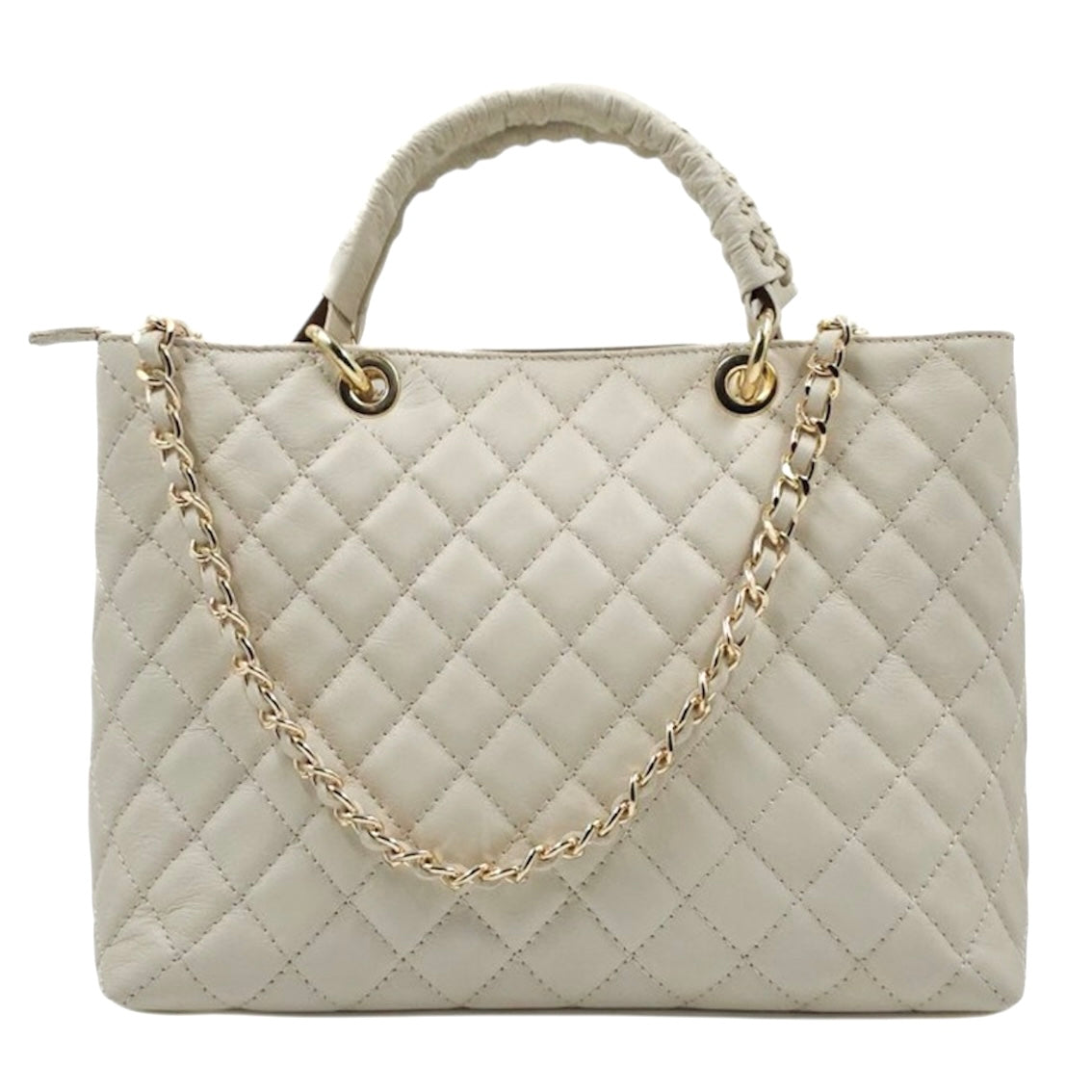 Modarno Borsa con manico intrecciato in Vera Pelle "Trapuntata" a Mano e a Spalla 33x14x24 cm