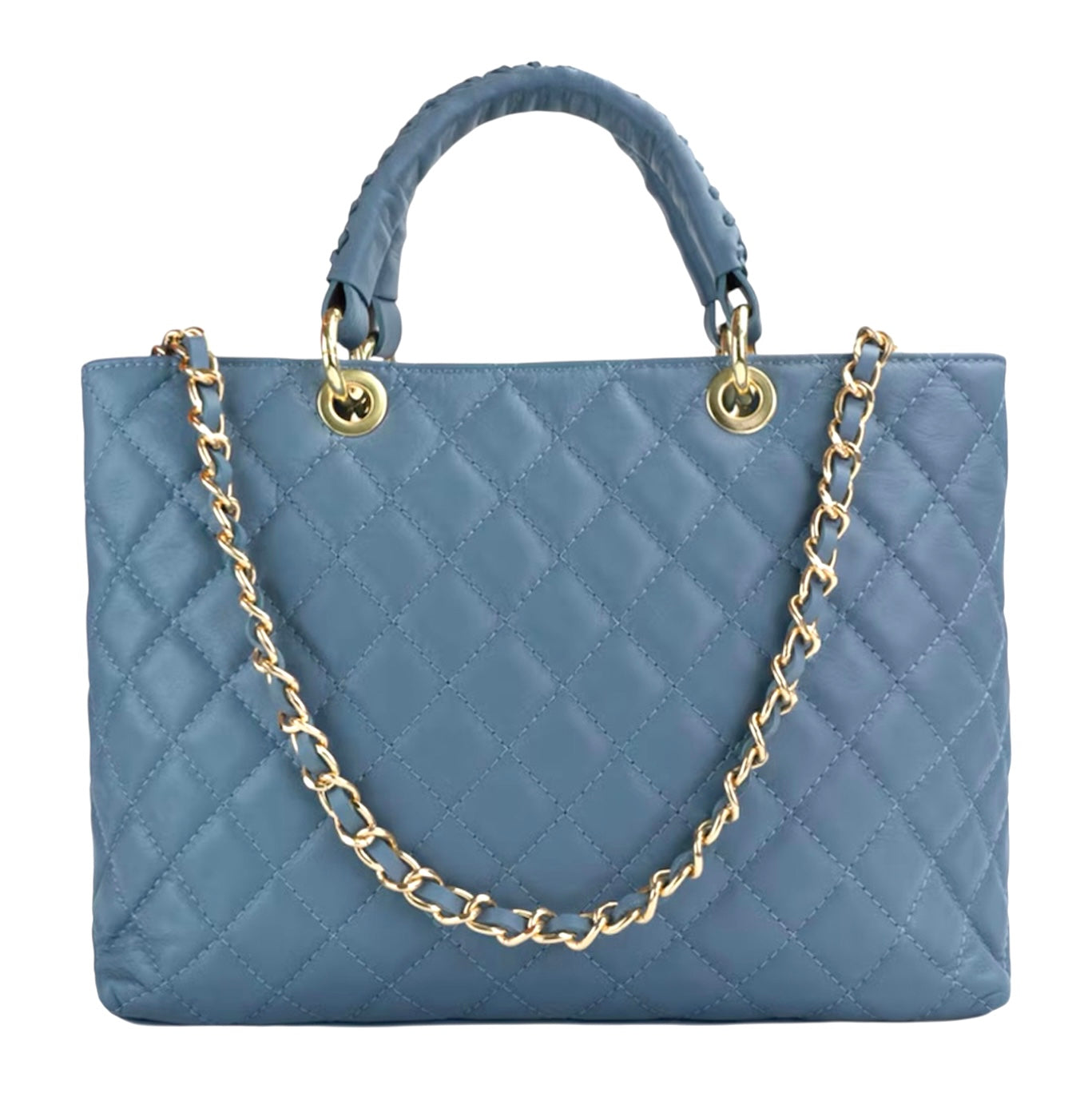 Modarno Borsa con manico intrecciato in Vera Pelle "Trapuntata" a Mano e a Spalla 33x14x24 cm