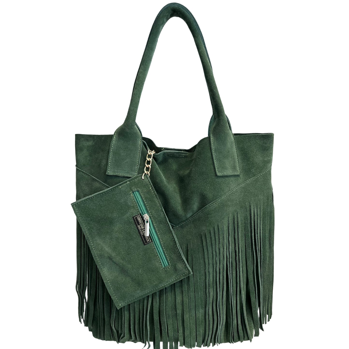 Modarno Borsa shopper da donna in vera pelle scamosciata con frangia più custodia per gioielli dello stesso colore