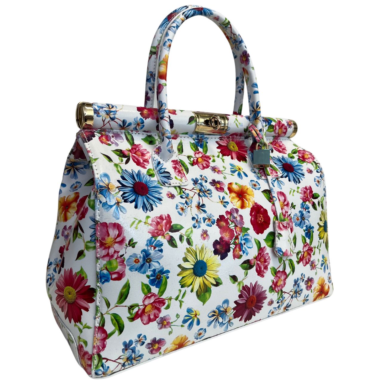Modarno Handbag Borsa Donna a Mano Pelle con Tracolla Bauletto 35x28x16 cm (Fantasia Fiore)