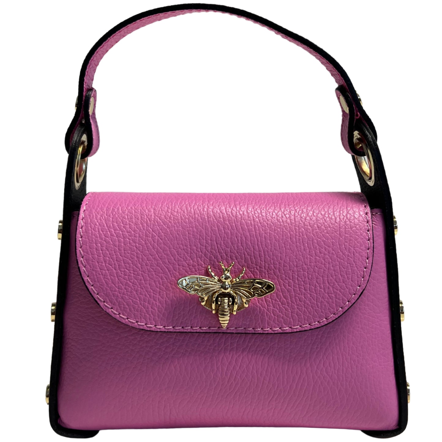 Modarno mini borsa in Vera pelle dollaro con chiusura a moschettone a forma di ape, borchie laterali, catena metallica rimovibile, manico in pelle