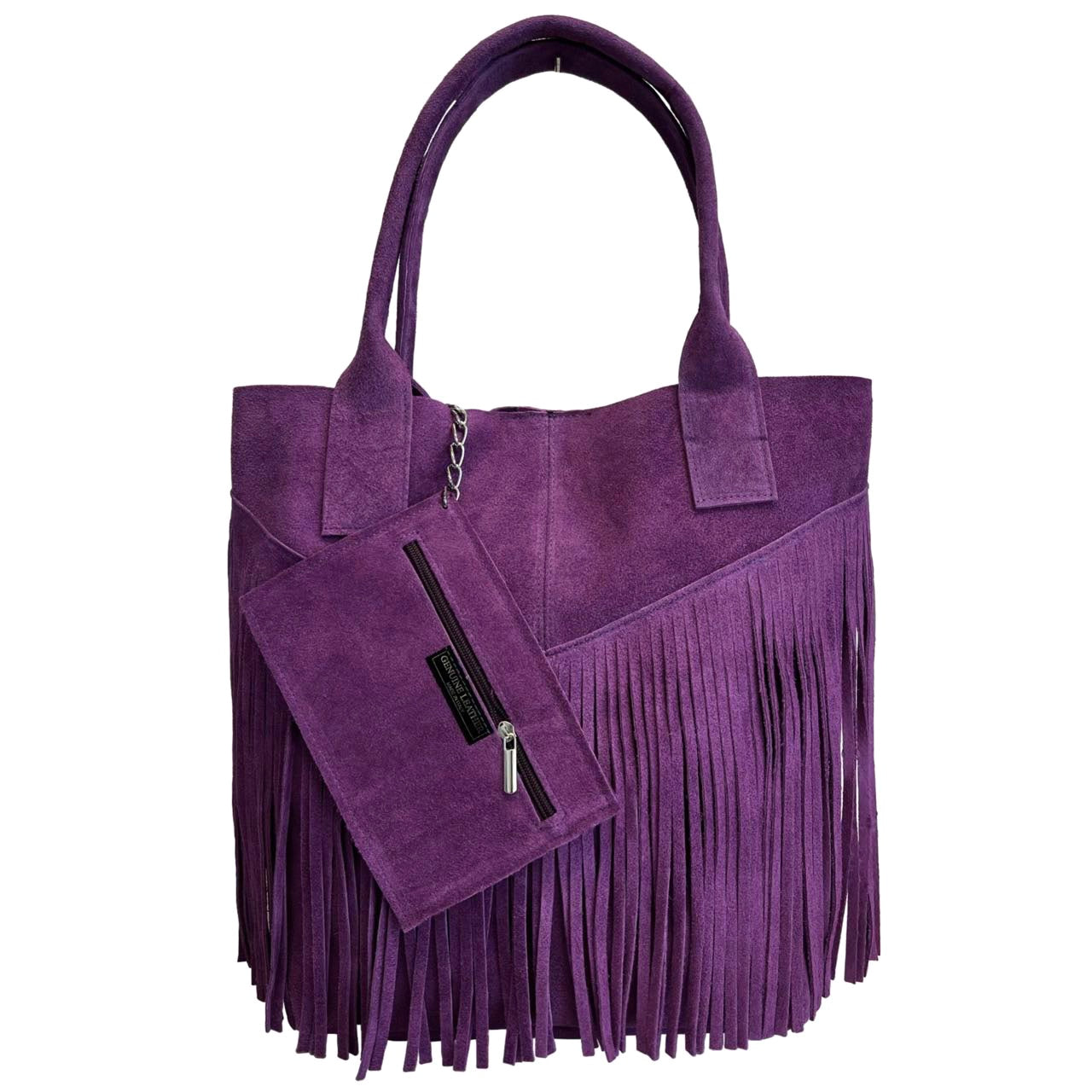 Modarno Borsa shopper da donna in vera pelle scamosciata con frangia più custodia per gioielli dello stesso colore
