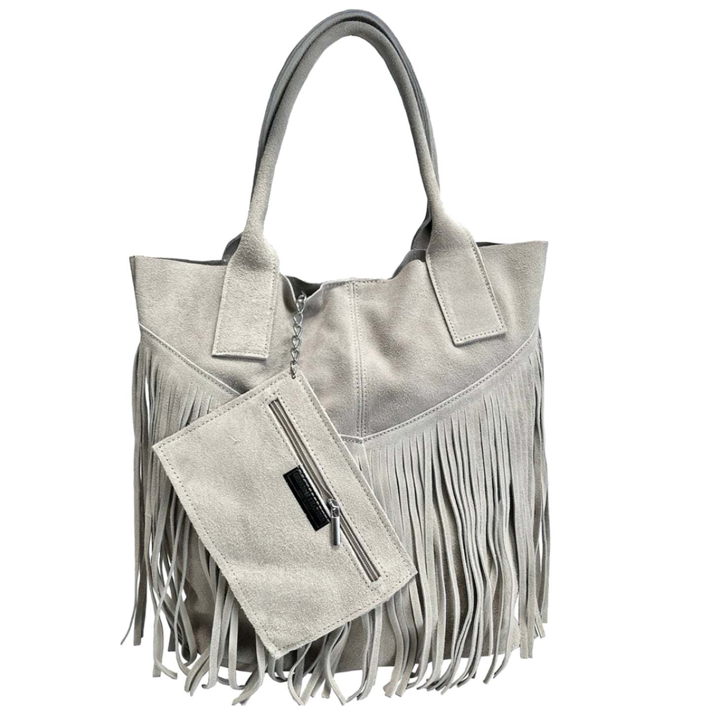 Modarno Borsa shopper da donna in vera pelle scamosciata con frangia più custodia per gioielli dello stesso colore