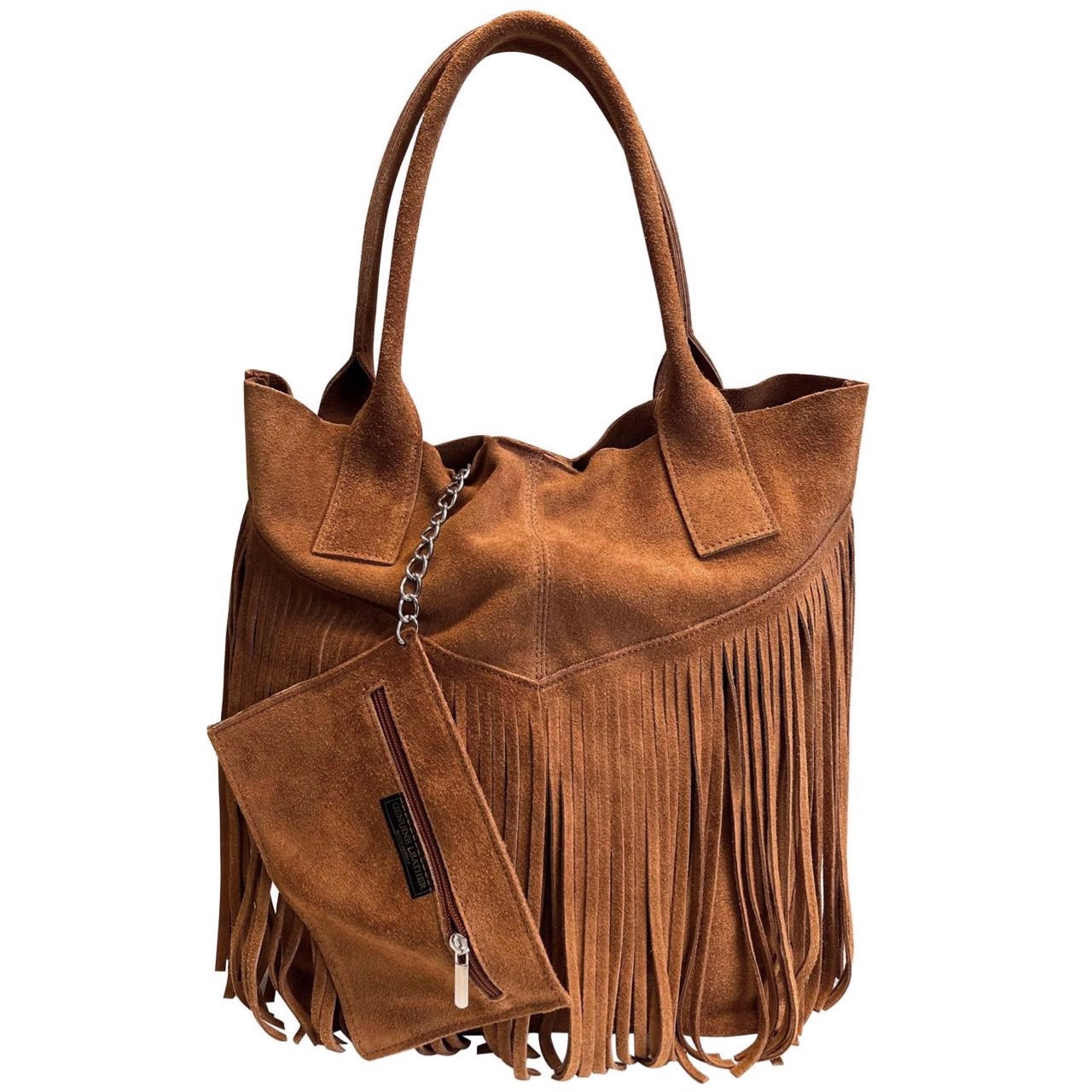 Modarno Borsa shopper da donna in vera pelle scamosciata con frangia più custodia per gioielli dello stesso colore