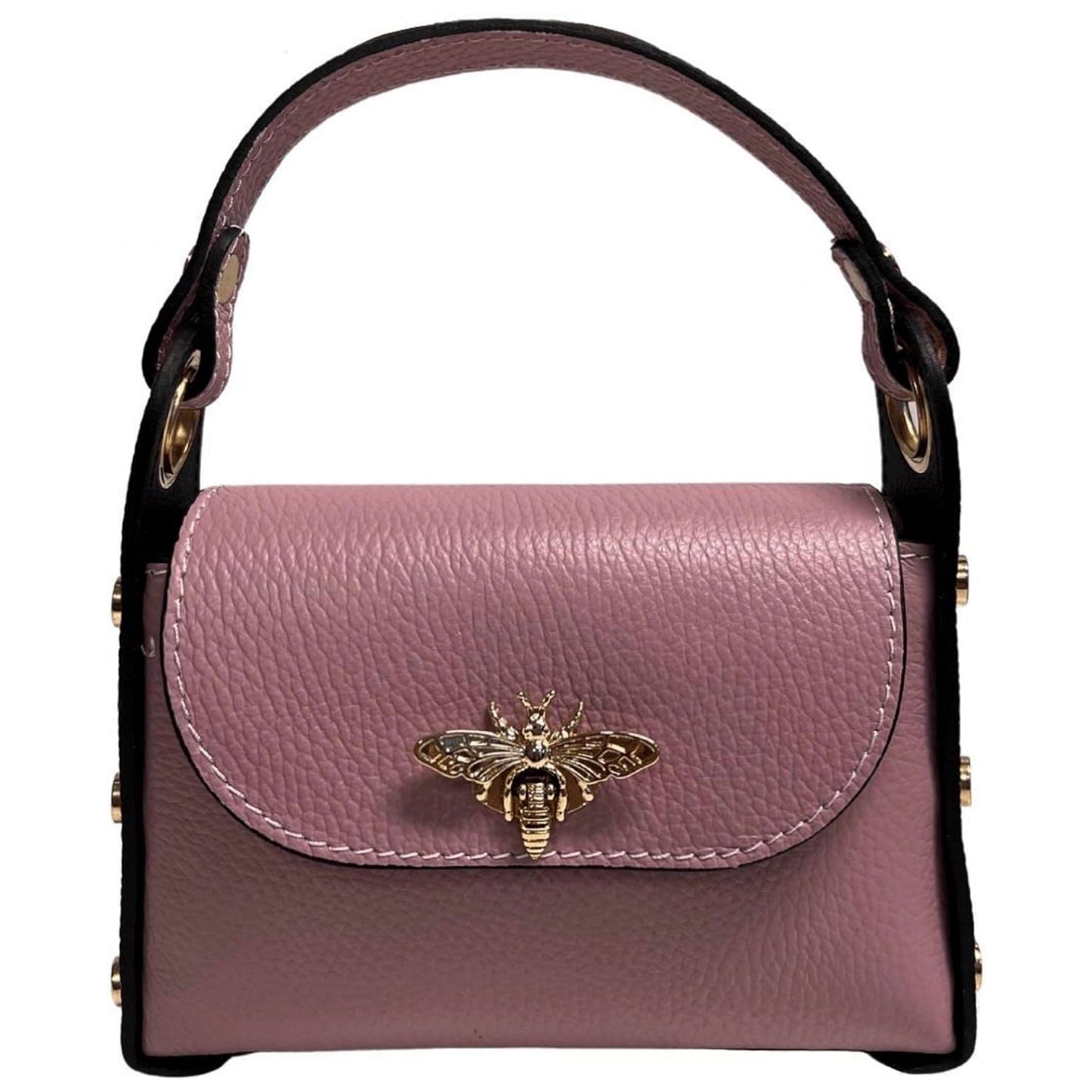 Modarno mini borsa in Vera pelle dollaro con chiusura a moschettone a forma di ape, borchie laterali, catena metallica rimovibile, manico in pelle