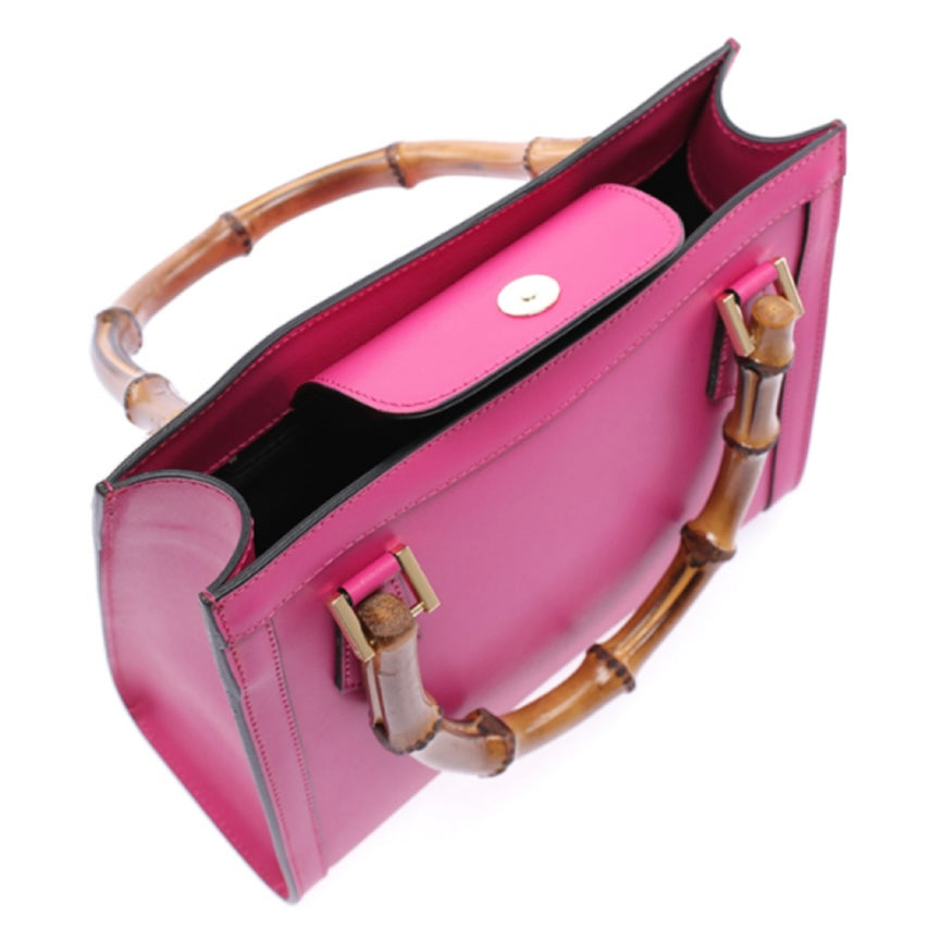 Modarno Borsa in pelle con manico in bambù, Borsa a mano Made in Italy, Borsa a tracolla, Borsa per tutti i giorni