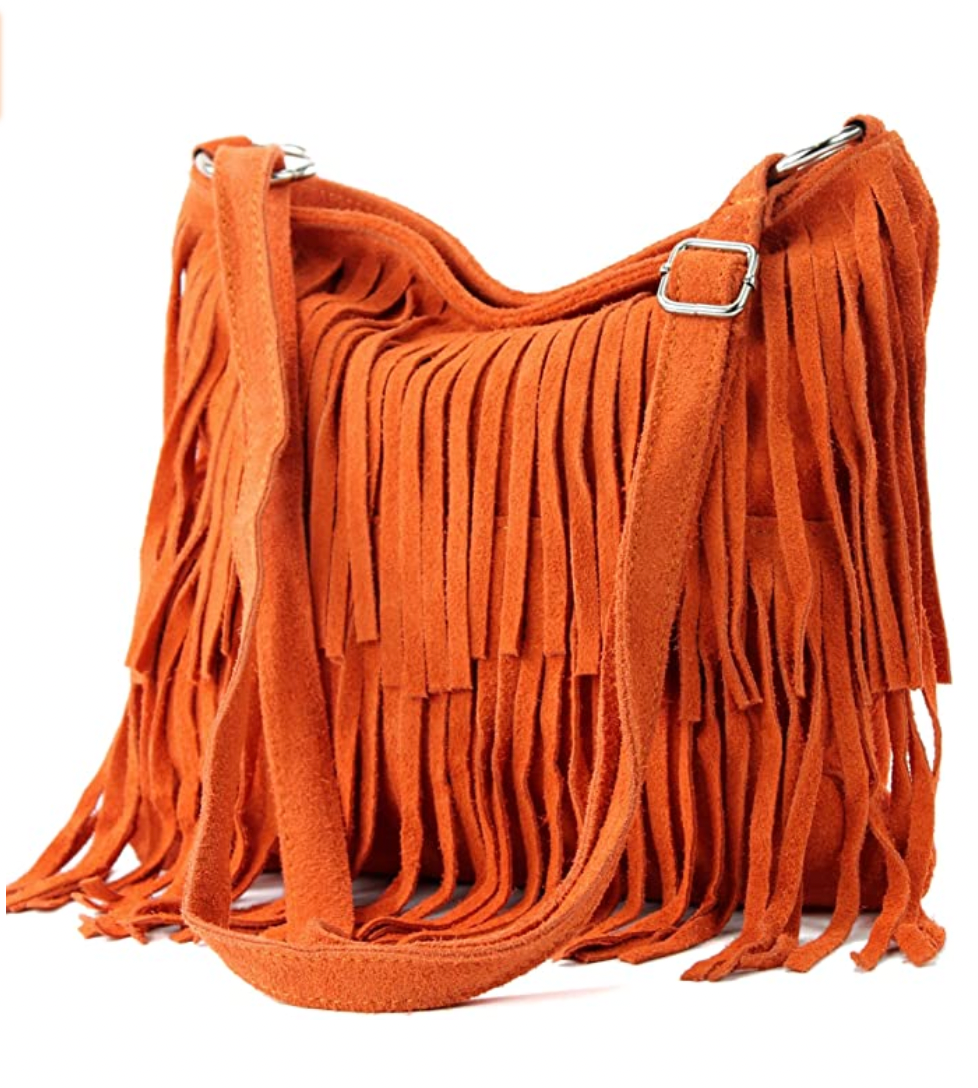 Modarno Borsa a tracolla con frange in camoscio - borsa tracolla donna in pelle scamosciata