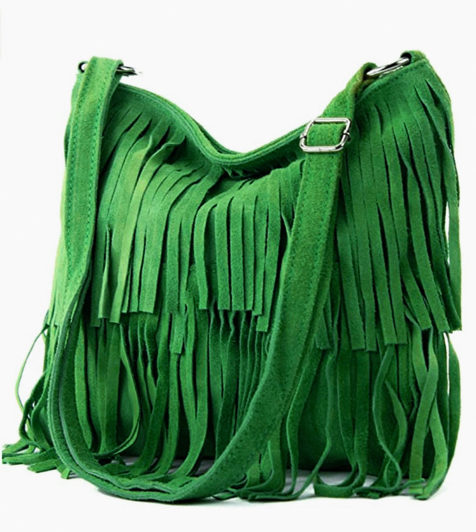 Modarno Borsa a tracolla con frange in camoscio - borsa tracolla donna in pelle scamosciata
