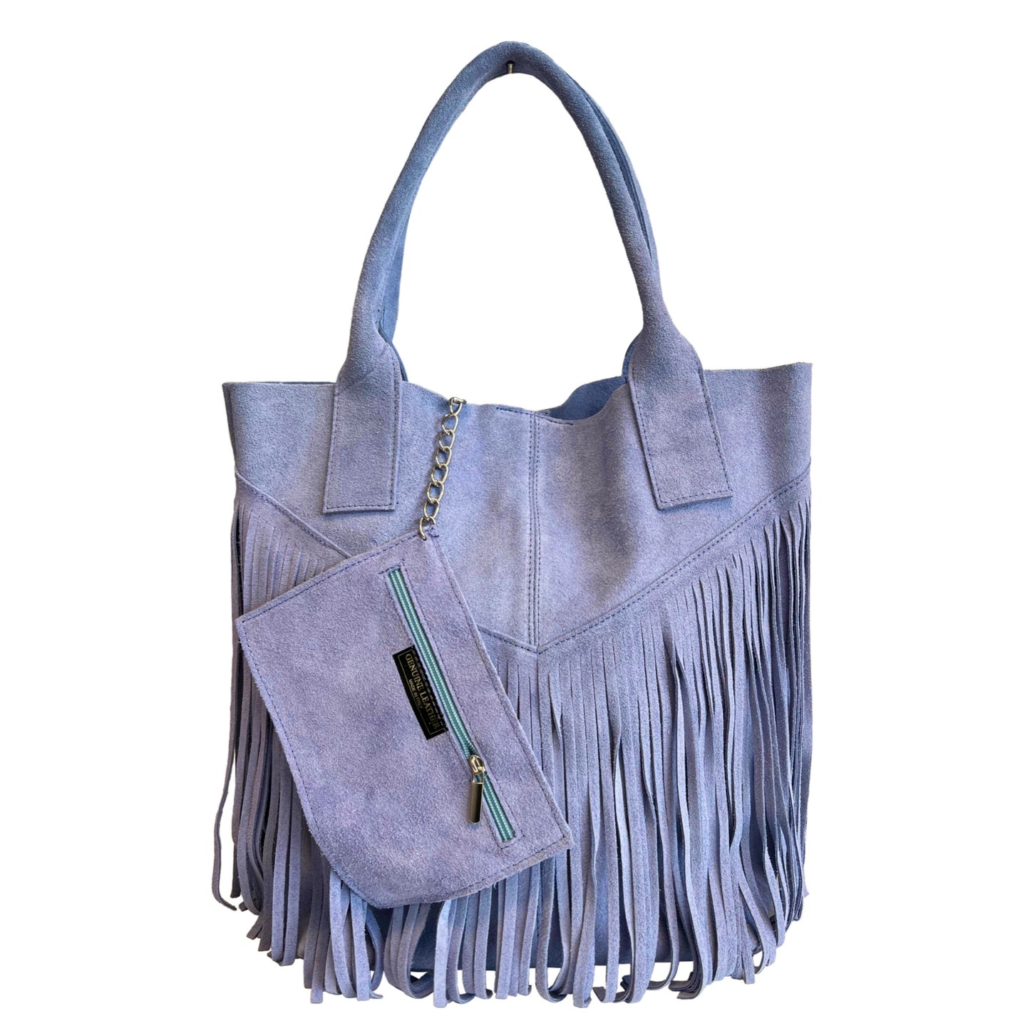 Modarno Borsa shopper da donna in vera pelle scamosciata con frangia più custodia per gioielli dello stesso colore