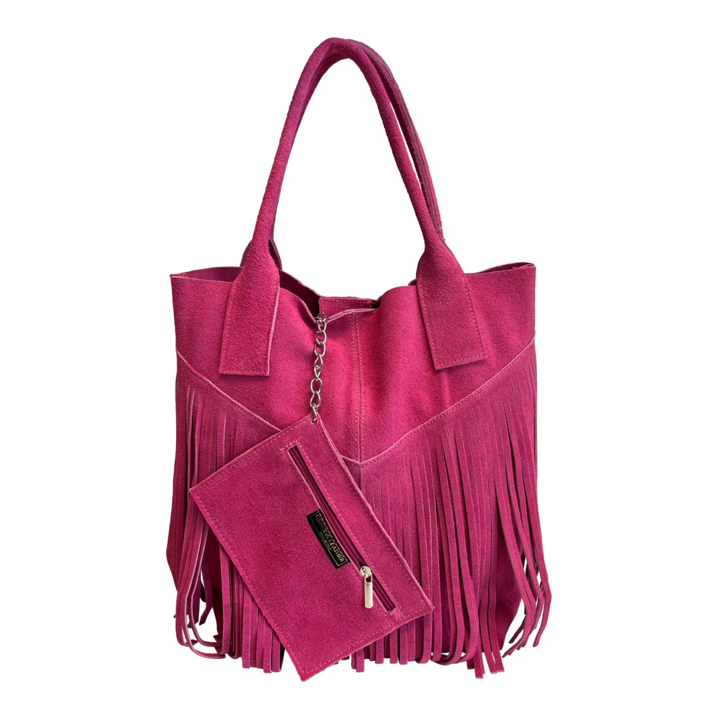 Modarno Borsa shopper da donna in vera pelle scamosciata con frangia più custodia per gioielli dello stesso colore