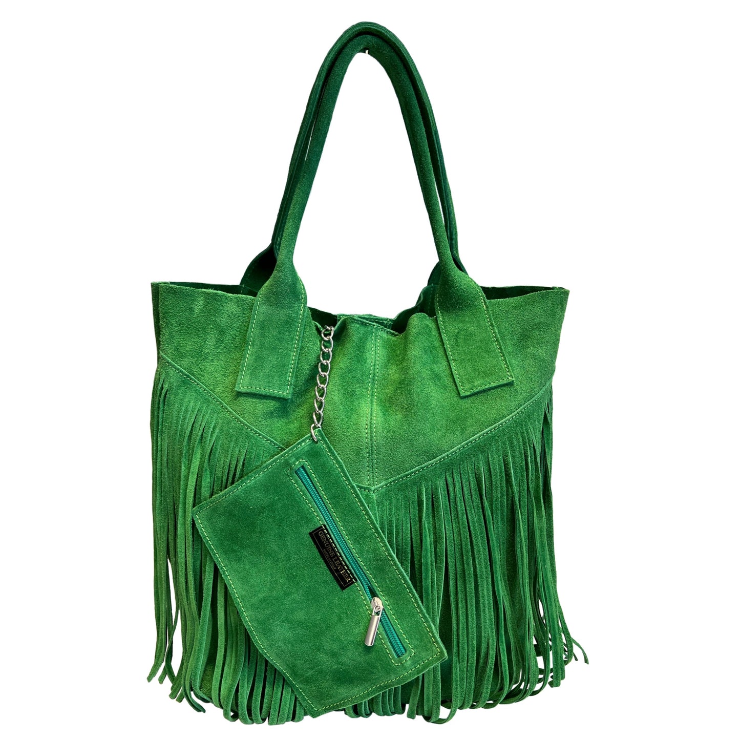 Modarno Borsa shopper da donna in vera pelle scamosciata con frangia più custodia per gioielli dello stesso colore