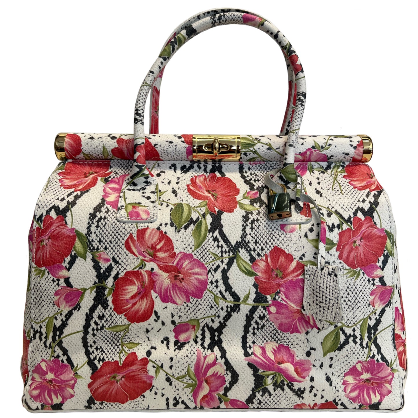 Modarno Handbag Borsa Donna a Mano Pelle con Tracolla Bauletto 35x28x16 cm (Fantasia Fiore)