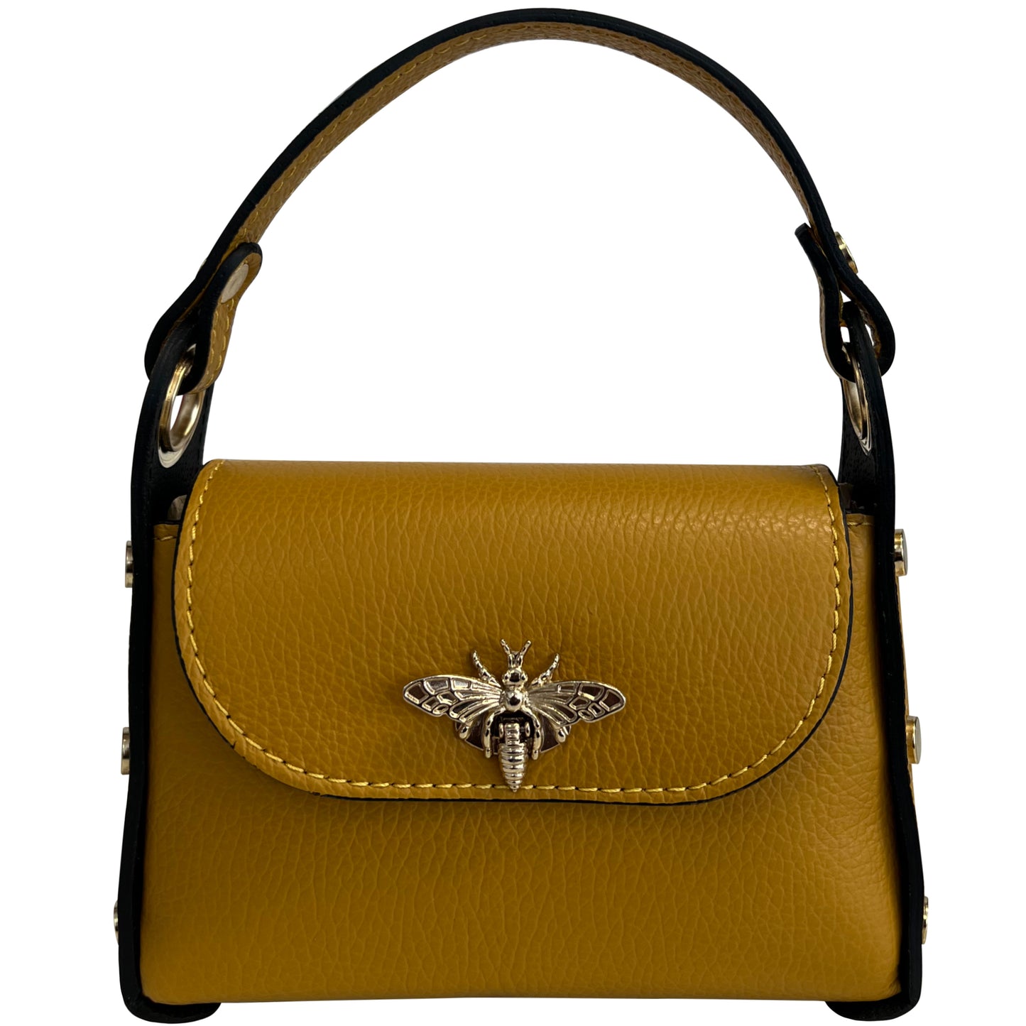 Modarno mini borsa in Vera pelle dollaro con chiusura a moschettone a forma di ape, borchie laterali, catena metallica rimovibile, manico in pelle