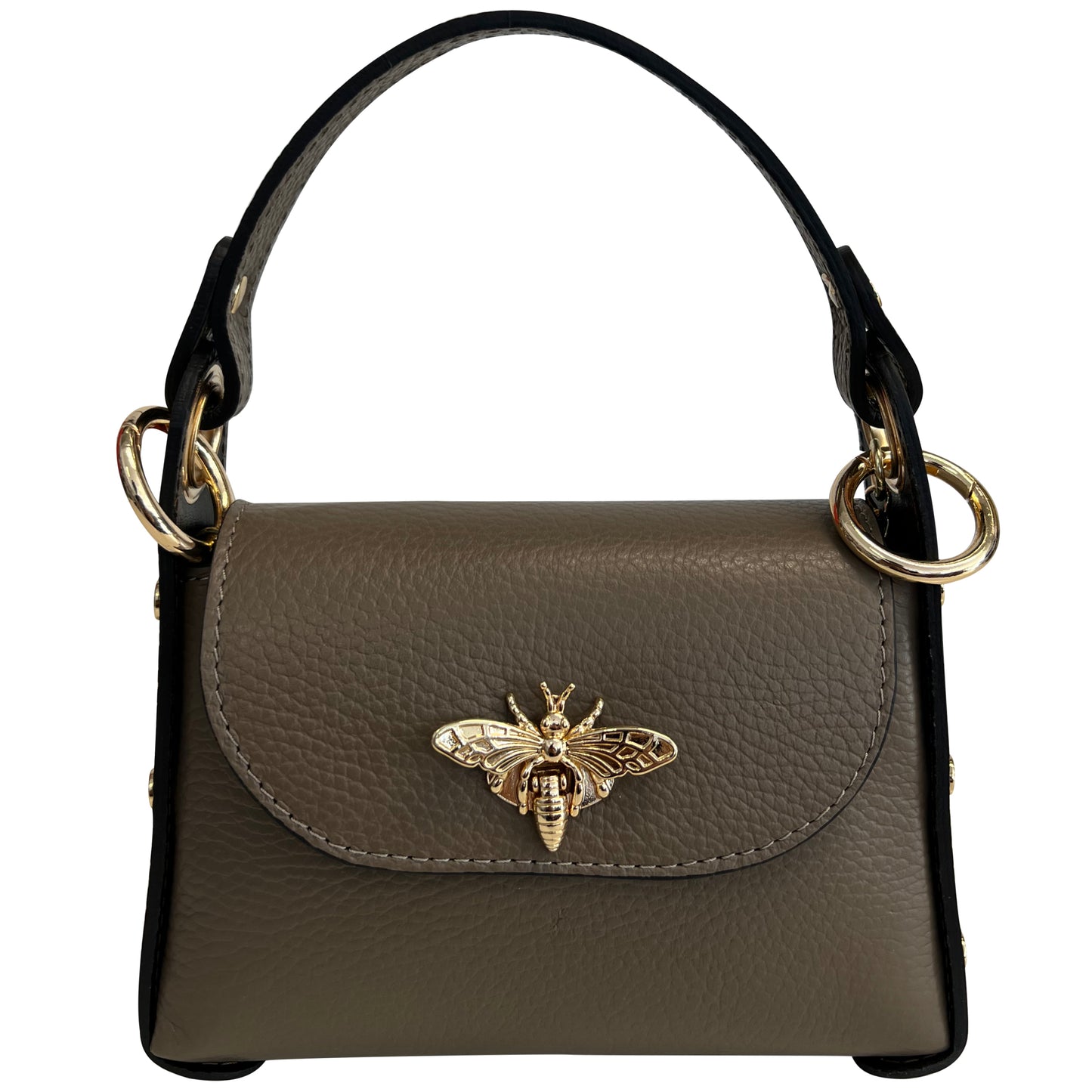 Modarno mini borsa in Vera pelle dollaro con chiusura a moschettone a forma di ape, borchie laterali, catena metallica rimovibile, manico in pelle