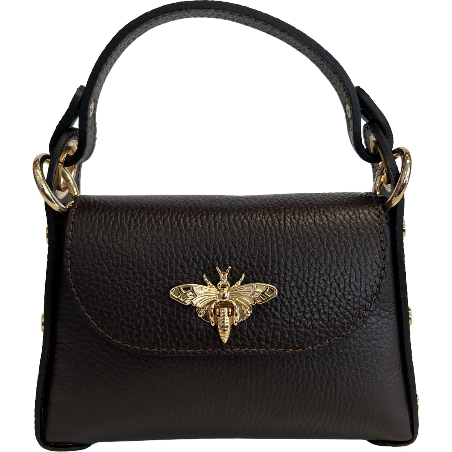 Modarno mini borsa in Vera pelle dollaro con chiusura a moschettone a forma di ape, borchie laterali, catena metallica rimovibile, manico in pelle