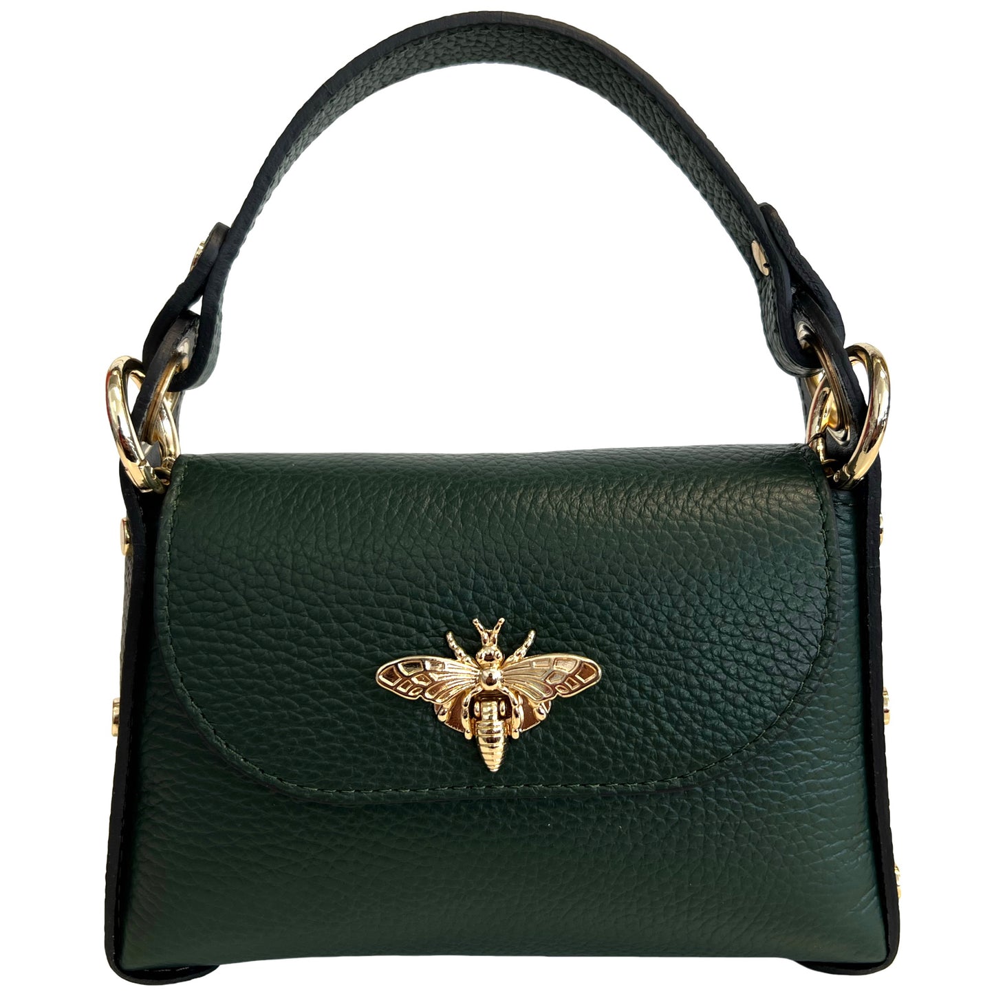 Modarno mini borsa in Vera pelle dollaro con chiusura a moschettone a forma di ape, borchie laterali, catena metallica rimovibile, manico in pelle