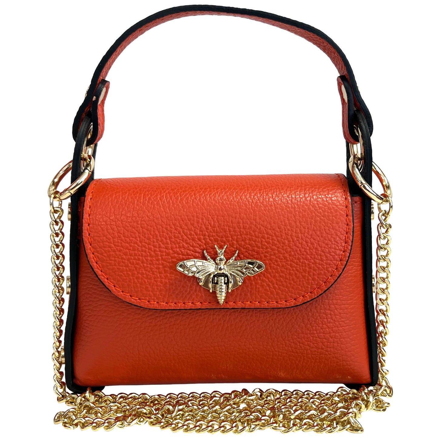 Modarno mini borsa in Vera pelle dollaro con chiusura a moschettone a forma di ape, borchie laterali, catena metallica rimovibile, manico in pelle