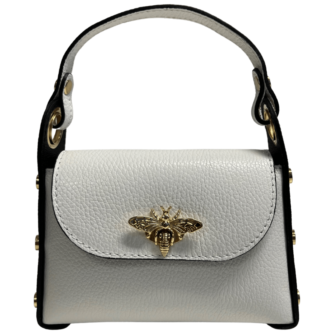 Modarno mini borsa in Vera pelle dollaro con chiusura a moschettone a forma di ape, borchie laterali, catena metallica rimovibile, manico in pelle